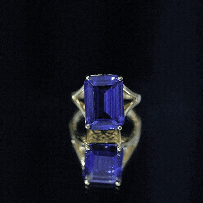 8 Carat Lab Created Tanzanite Emerald Cut Engagement Ring with Split Shank AAAA 14K Yellow Gold Plated Silver - Rosec Jewels