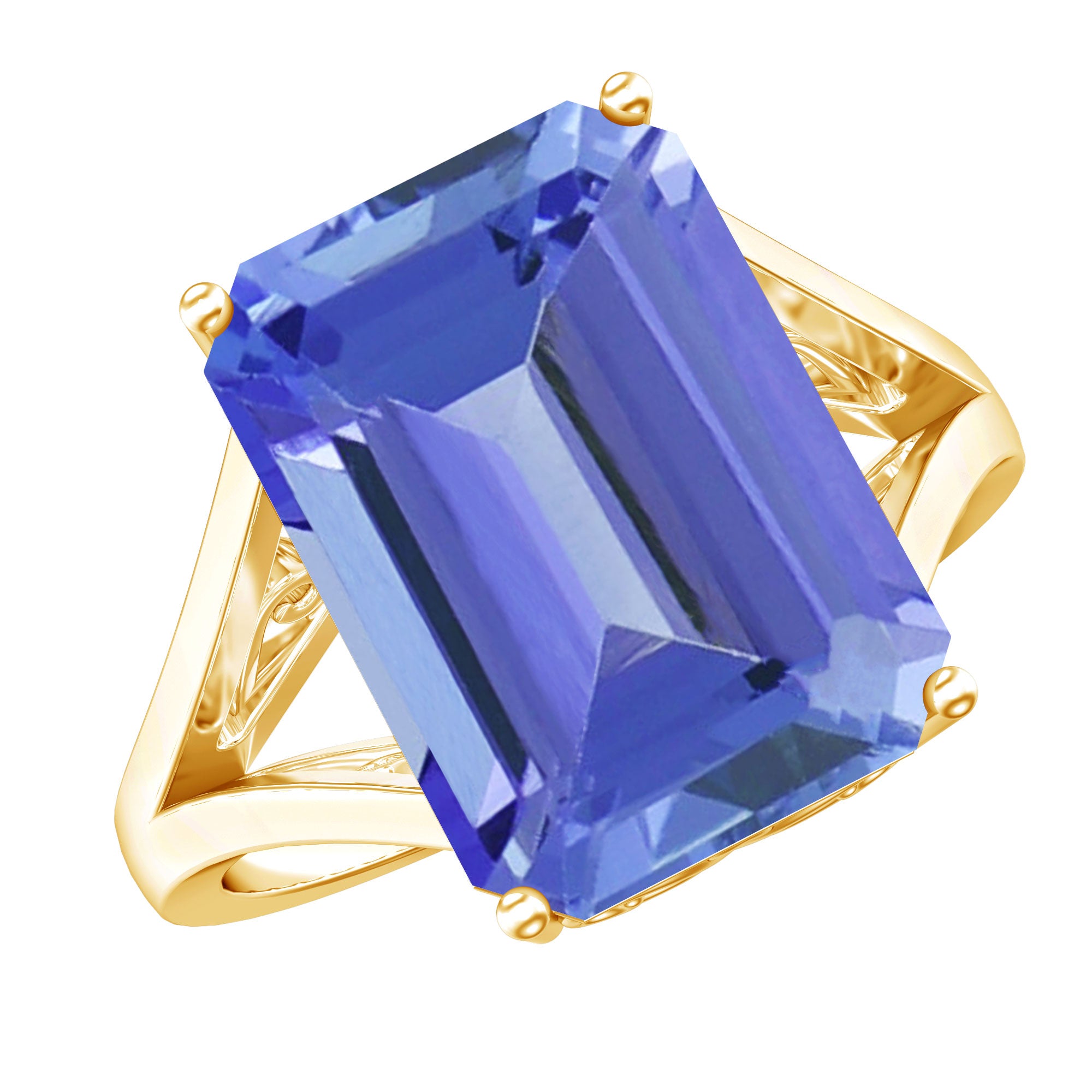 8 Carat Lab Created Tanzanite Emerald Cut Engagement Ring with Split Shank AAAA 14K Yellow Gold Plated Silver - Rosec Jewels