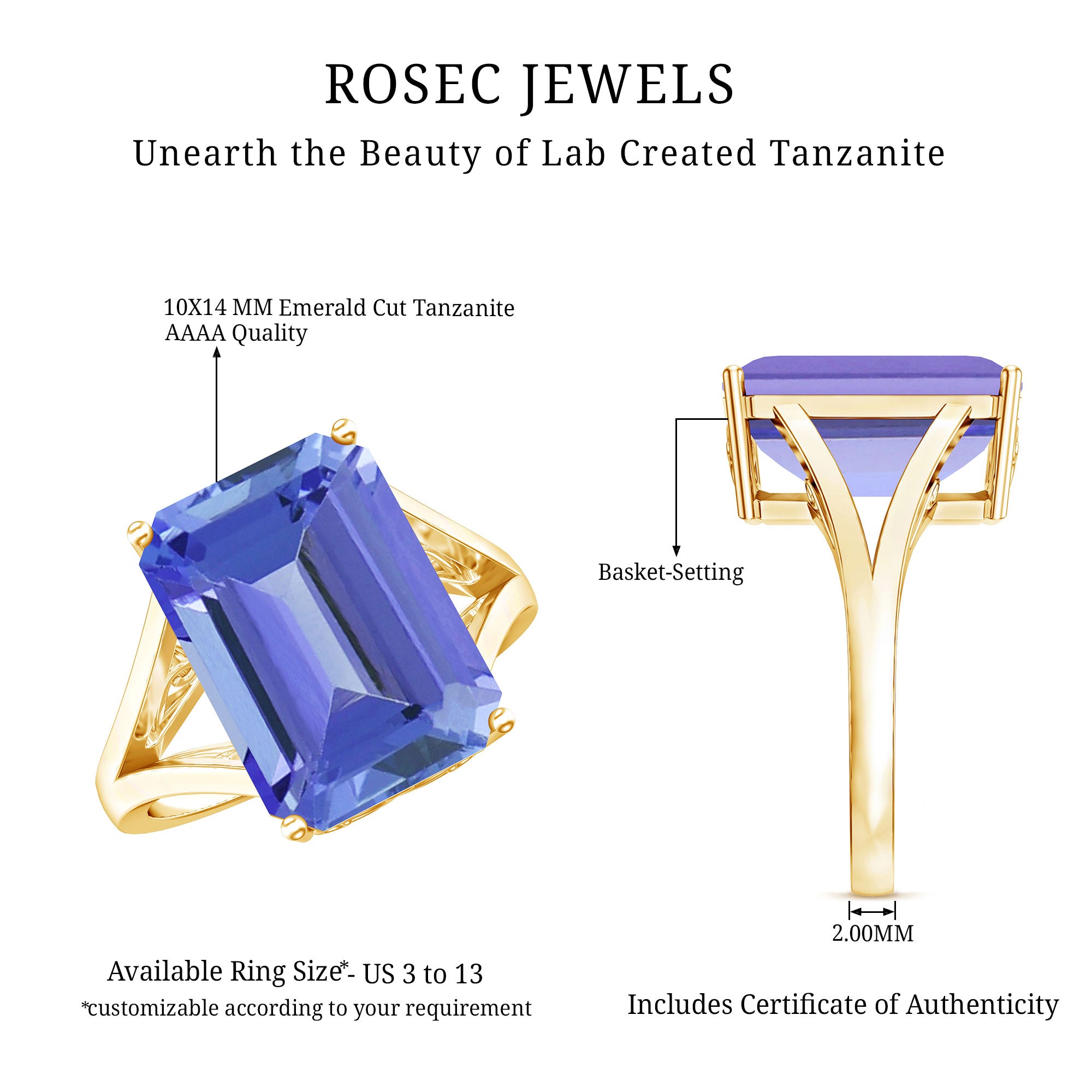 8 Carat Lab Created Tanzanite Emerald Cut Engagement Ring with Split Shank AAAA 14K Yellow Gold Plated Silver - Rosec Jewels