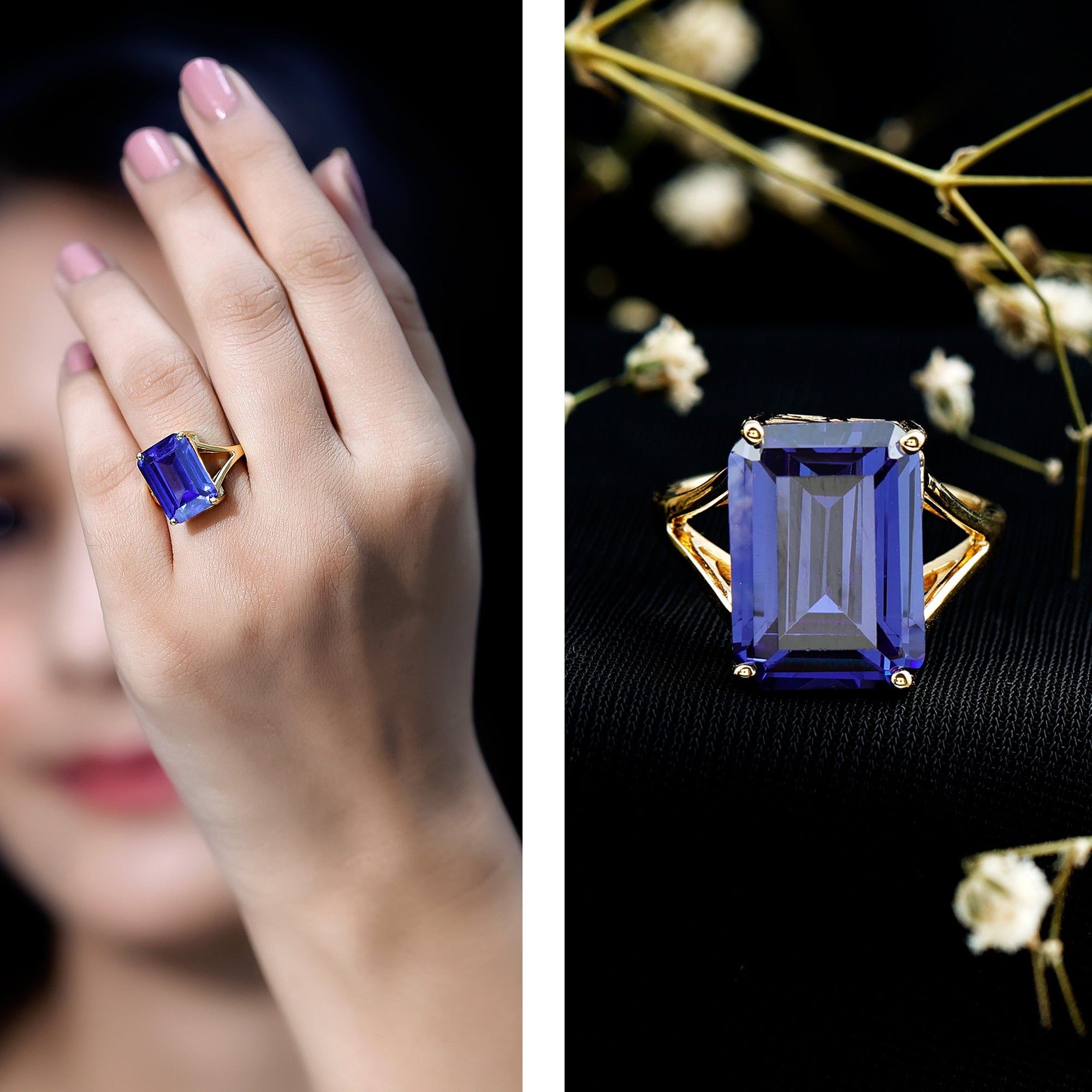 8 Carat Lab Created Tanzanite Emerald Cut Engagement Ring with Split Shank AAAA 14K Yellow Gold Plated Silver - Rosec Jewels