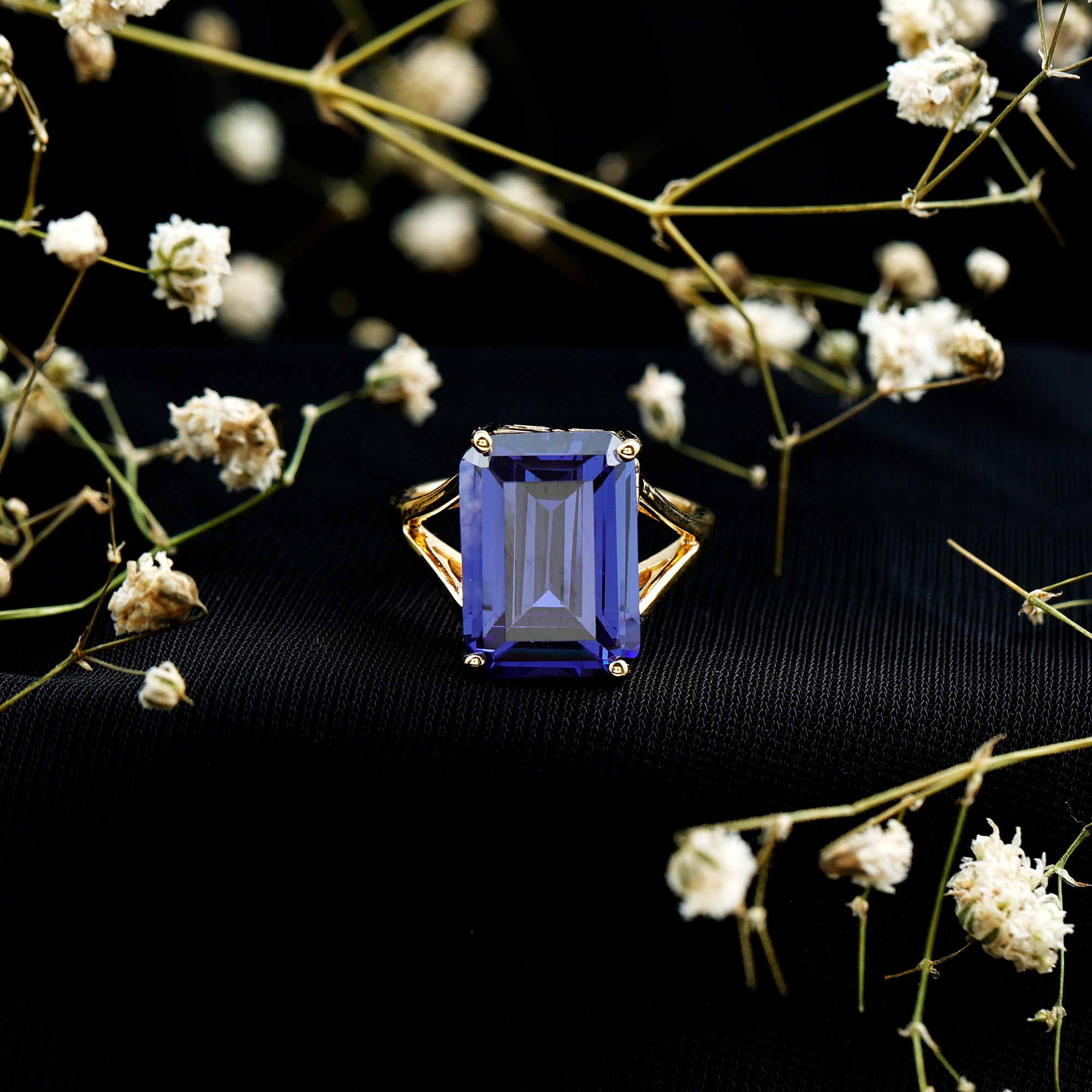 8 Carat Lab Created Tanzanite Emerald Cut Engagement Ring with Split Shank AAAA 14K Yellow Gold Plated Silver - Rosec Jewels