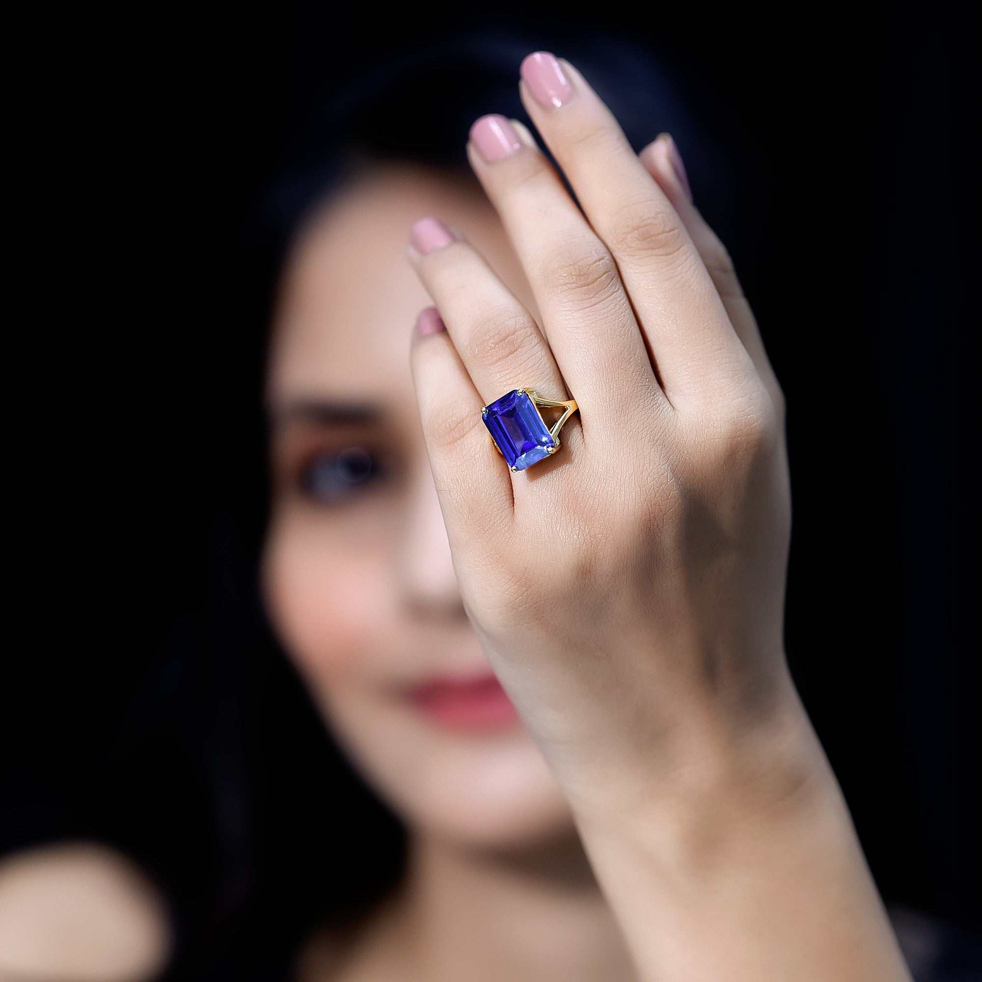 8 Carat Lab Created Tanzanite Emerald Cut Engagement Ring with Split Shank AAAA 14K Yellow Gold Plated Silver - Rosec Jewels
