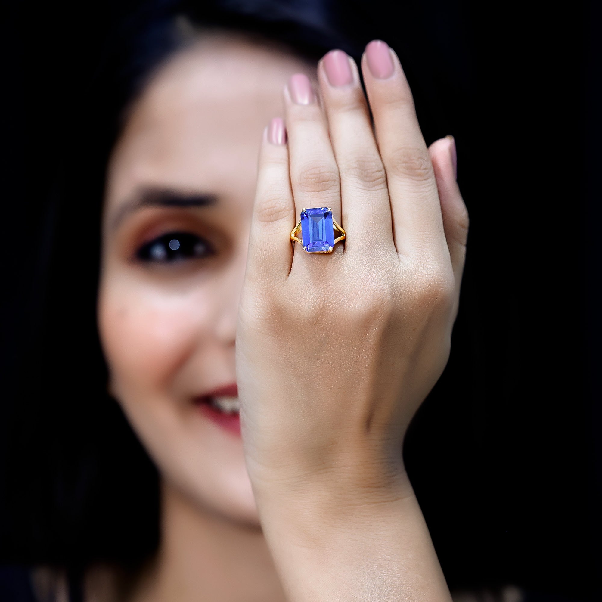 8 Carat Lab Created Tanzanite Emerald Cut Engagement Ring with Split Shank AAAA 14K Yellow Gold Plated Silver - Rosec Jewels