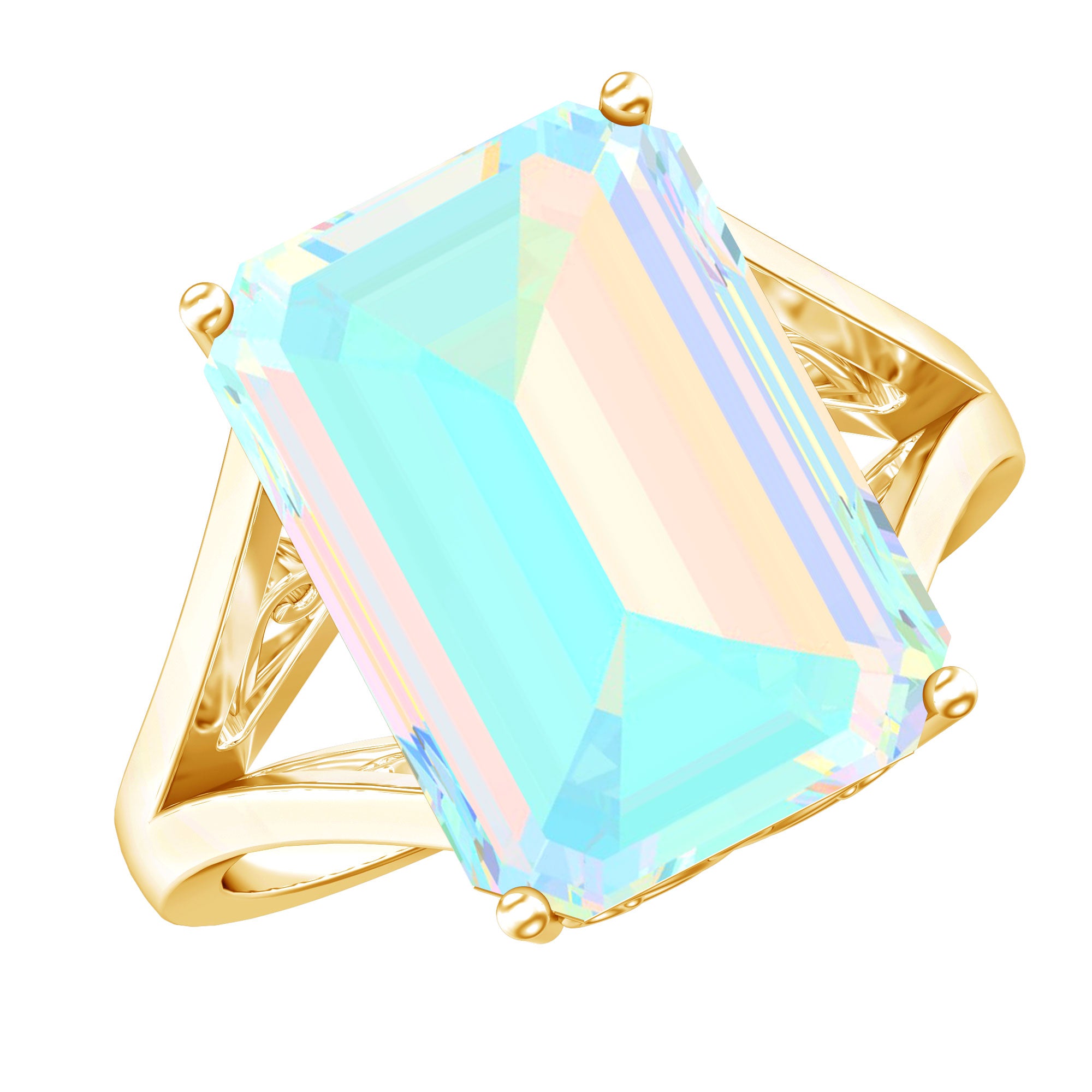 Certified 8 Carat Emerald Cut Lab Created Ethiopian Opal Engagement Ring in Silver AAAA 14K Yellow Gold Plated Silver - Rosec Jewels