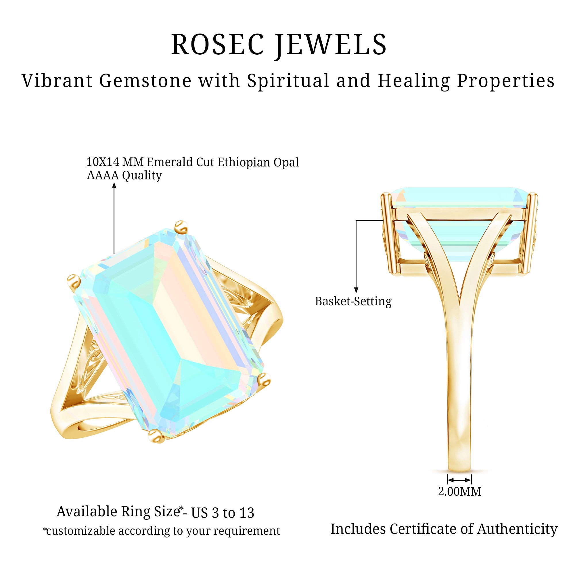 Certified 8 Carat Emerald Cut Lab Created Ethiopian Opal Engagement Ring in Silver AAAA 14K Yellow Gold Plated Silver - Rosec Jewels