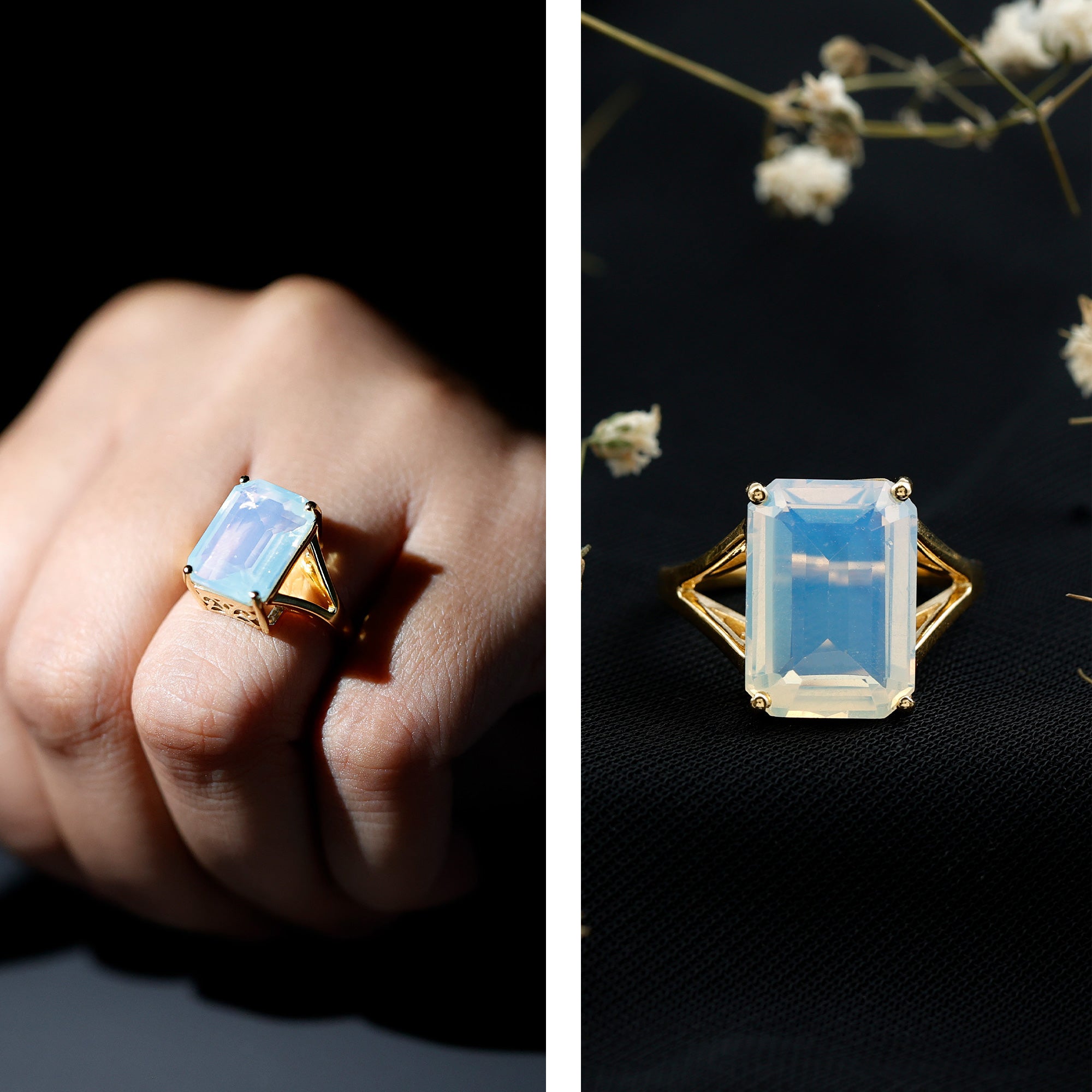 Certified 8 Carat Emerald Cut Lab Created Ethiopian Opal Engagement Ring in Silver AAAA 14K Yellow Gold Plated Silver - Rosec Jewels