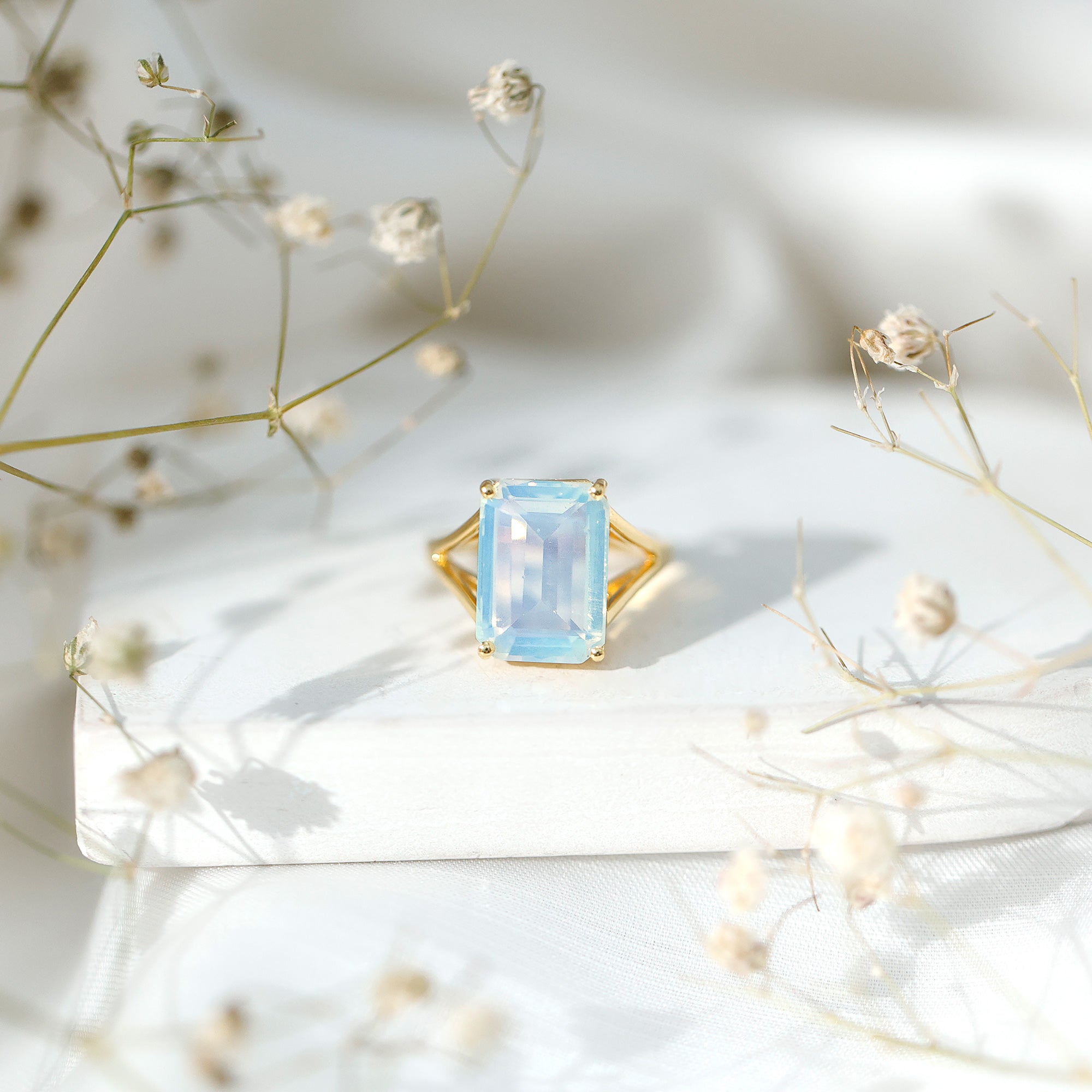 Certified 8 Carat Emerald Cut Lab Created Ethiopian Opal Engagement Ring in Silver AAAA 14K Yellow Gold Plated Silver - Rosec Jewels