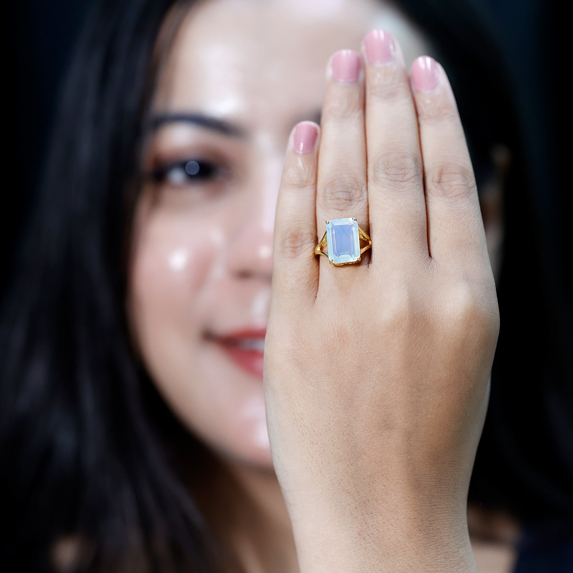 Certified 8 Carat Emerald Cut Lab Created Ethiopian Opal Engagement Ring in Silver AAAA 14K Yellow Gold Plated Silver - Rosec Jewels