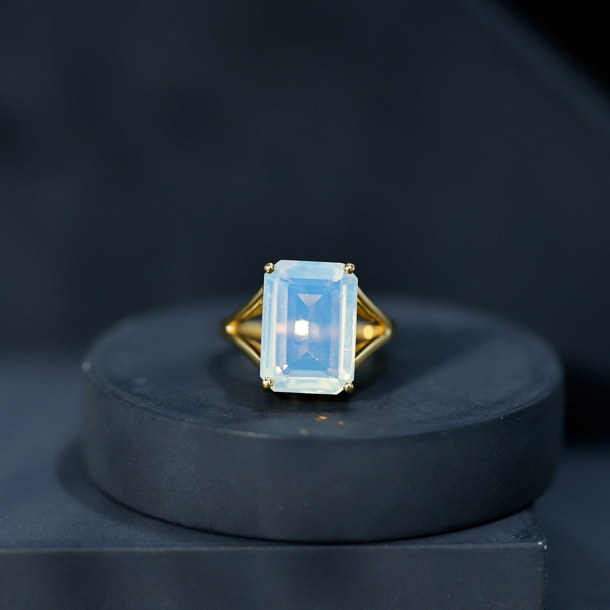 Certified 8 Carat Emerald Cut Lab Created Ethiopian Opal Engagement Ring in Silver AAAA 14K Yellow Gold Plated Silver - Rosec Jewels