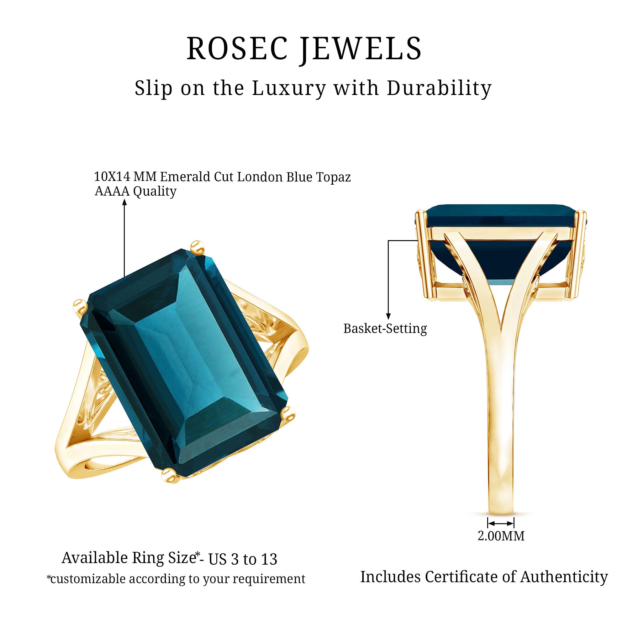 8 Carat Lab Grown London Blue Topaz Emerald Cut Engagement Ring in Silver AAAA 14K Yellow Gold Plated Silver - Rosec Jewels