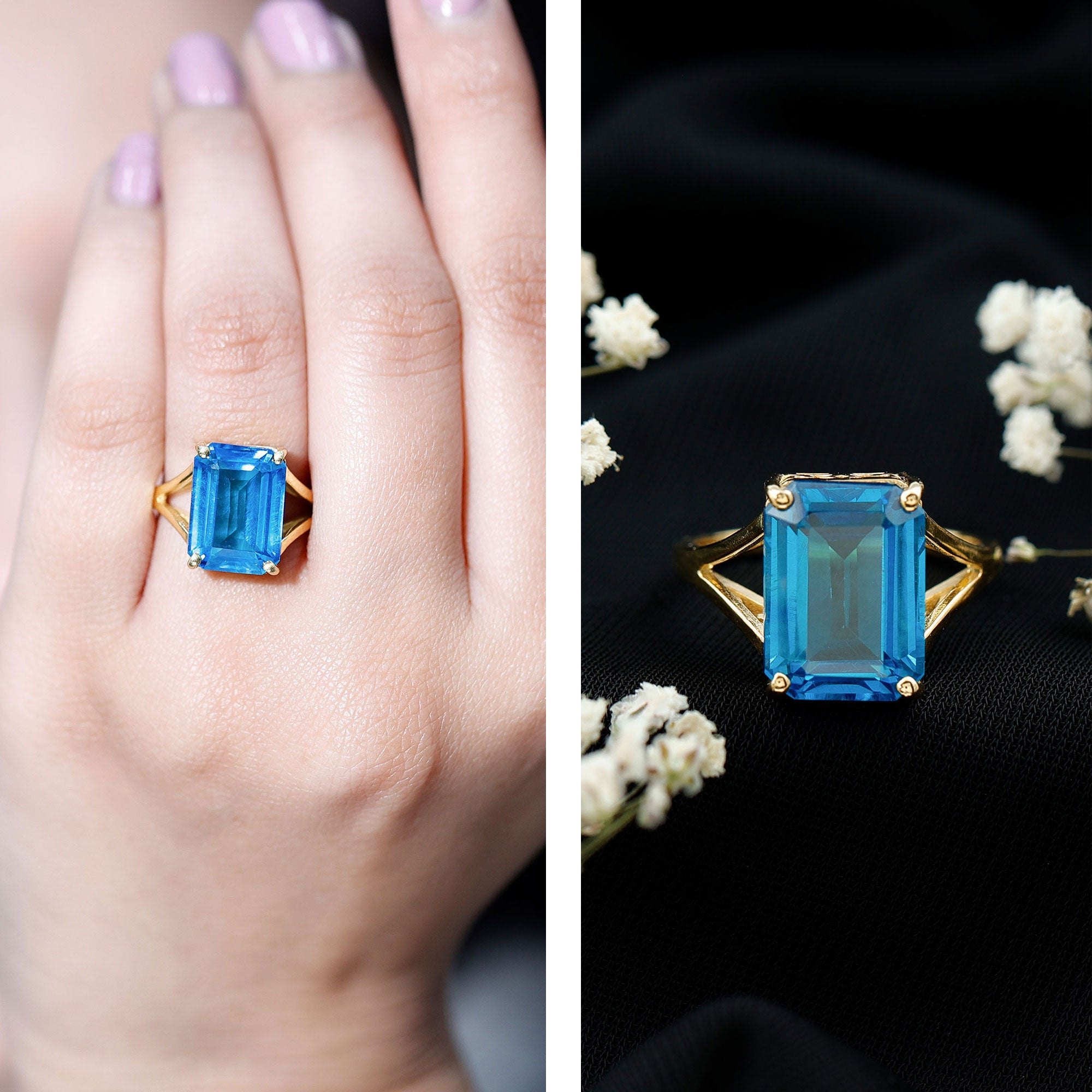 8 Carat Lab Grown London Blue Topaz Emerald Cut Engagement Ring in Silver AAAA 14K Yellow Gold Plated Silver - Rosec Jewels