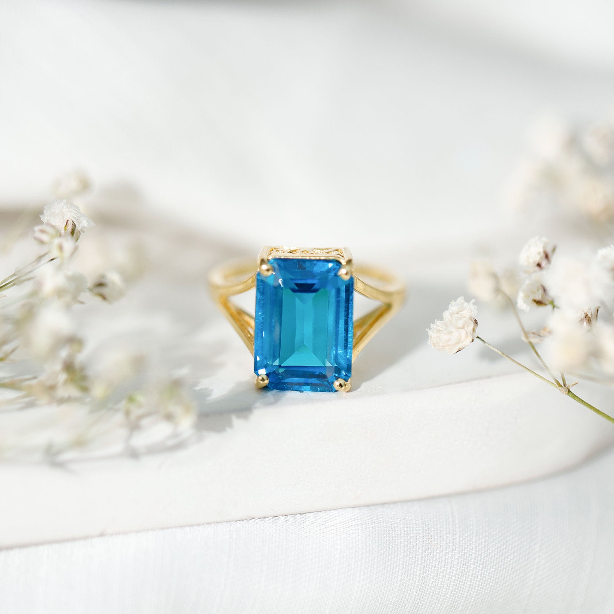 8 Carat Lab Grown London Blue Topaz Emerald Cut Engagement Ring in Silver AAAA 14K Yellow Gold Plated Silver - Rosec Jewels
