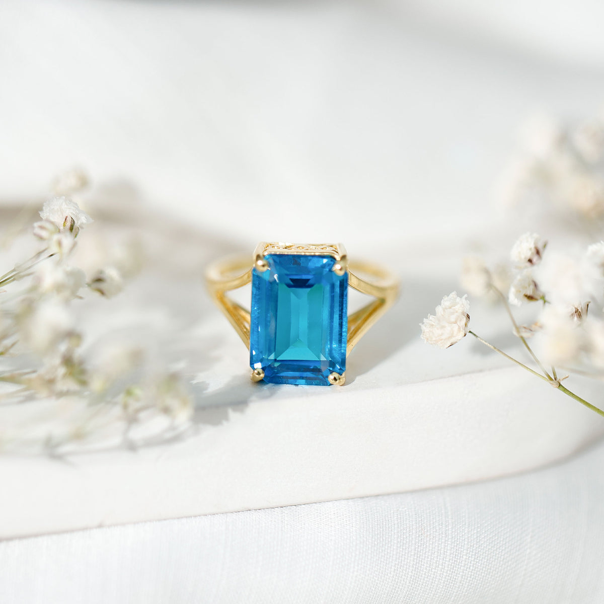 8 Carat Lab Grown London Blue Topaz Emerald Cut Engagement Ring in Silver AAAA 14K Yellow Gold Plated Silver - Rosec Jewels