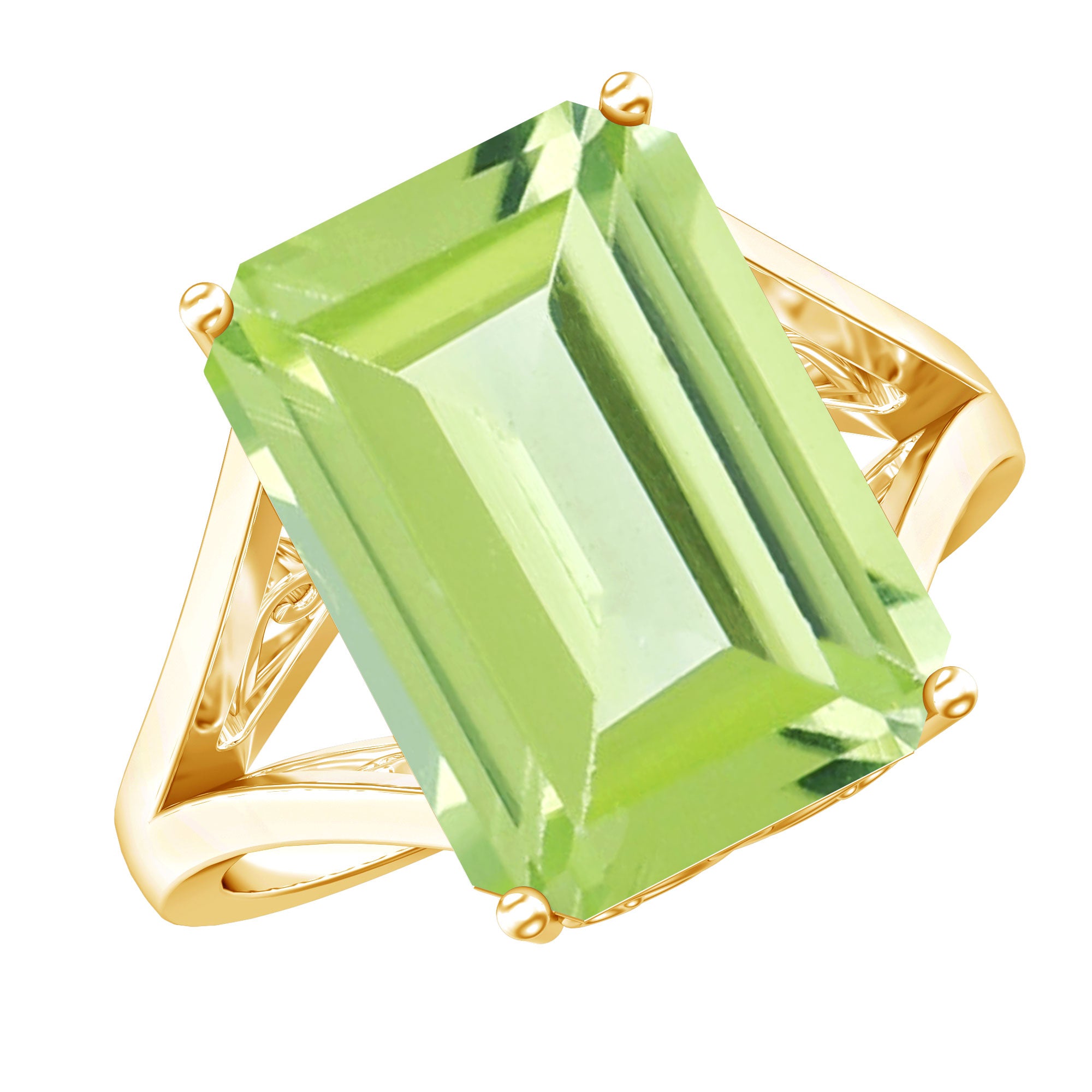 8 Carat Lab Created Peridot Emerald Cut Engagement Ring with Split Shank AAAA 14K Yellow Gold Plated Silver - Rosec Jewels