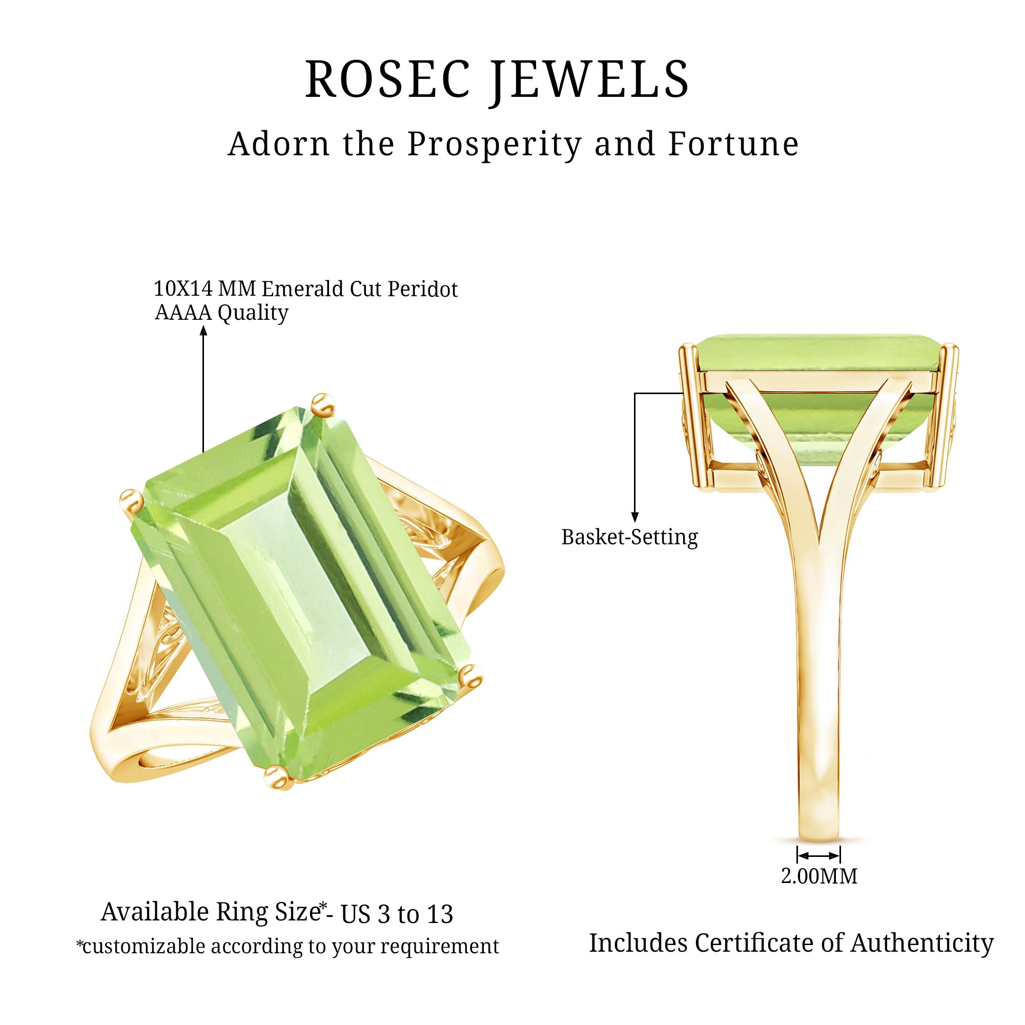 8 Carat Lab Created Peridot Emerald Cut Engagement Ring with Split Shank AAAA 14K Yellow Gold Plated Silver - Rosec Jewels
