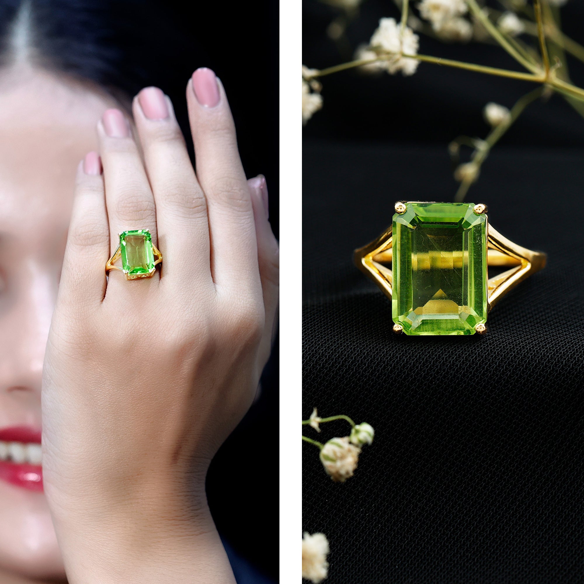 8 Carat Lab Created Peridot Emerald Cut Engagement Ring with Split Shank AAAA 14K Yellow Gold Plated Silver - Rosec Jewels