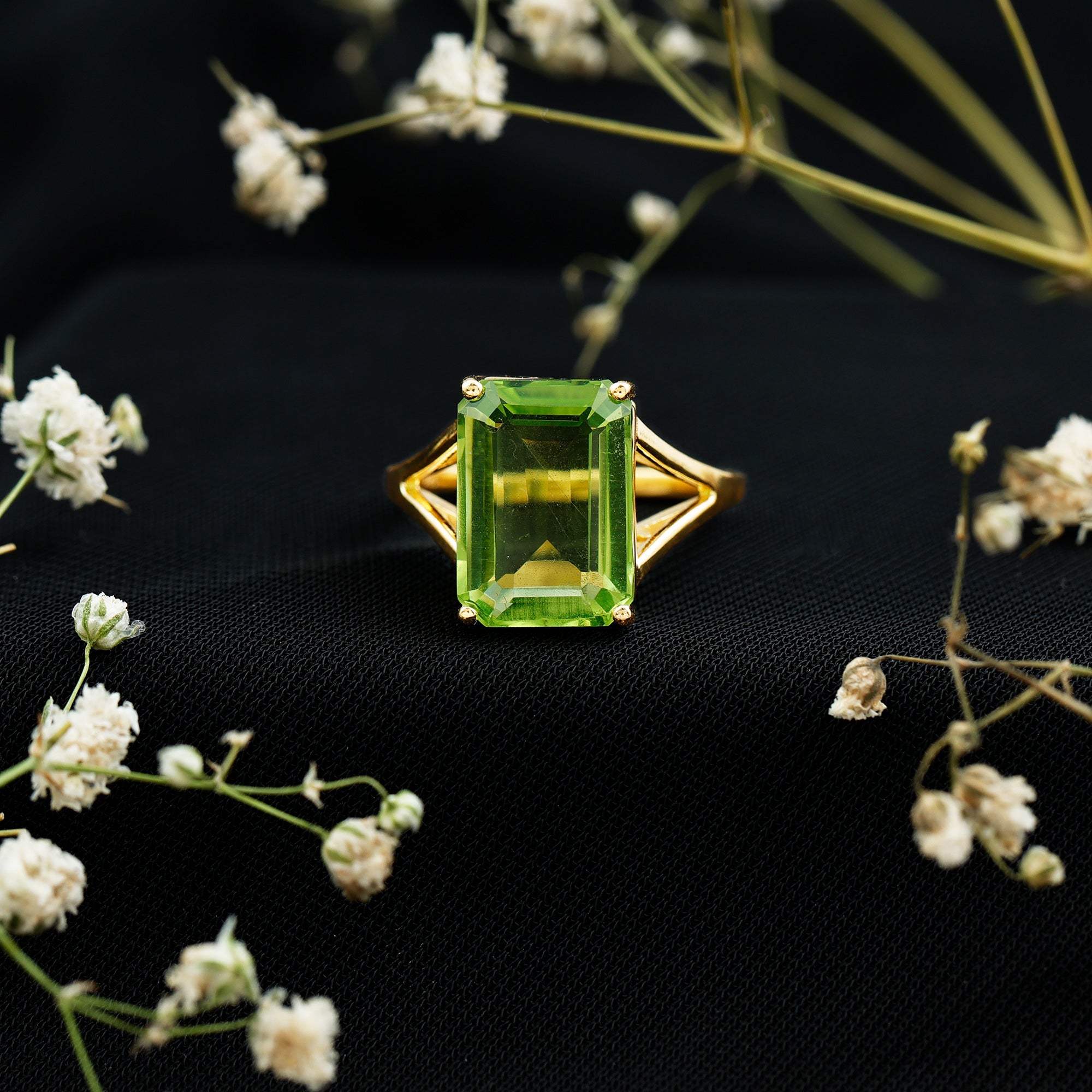 8 Carat Lab Created Peridot Emerald Cut Engagement Ring with Split Shank AAAA 14K Yellow Gold Plated Silver - Rosec Jewels