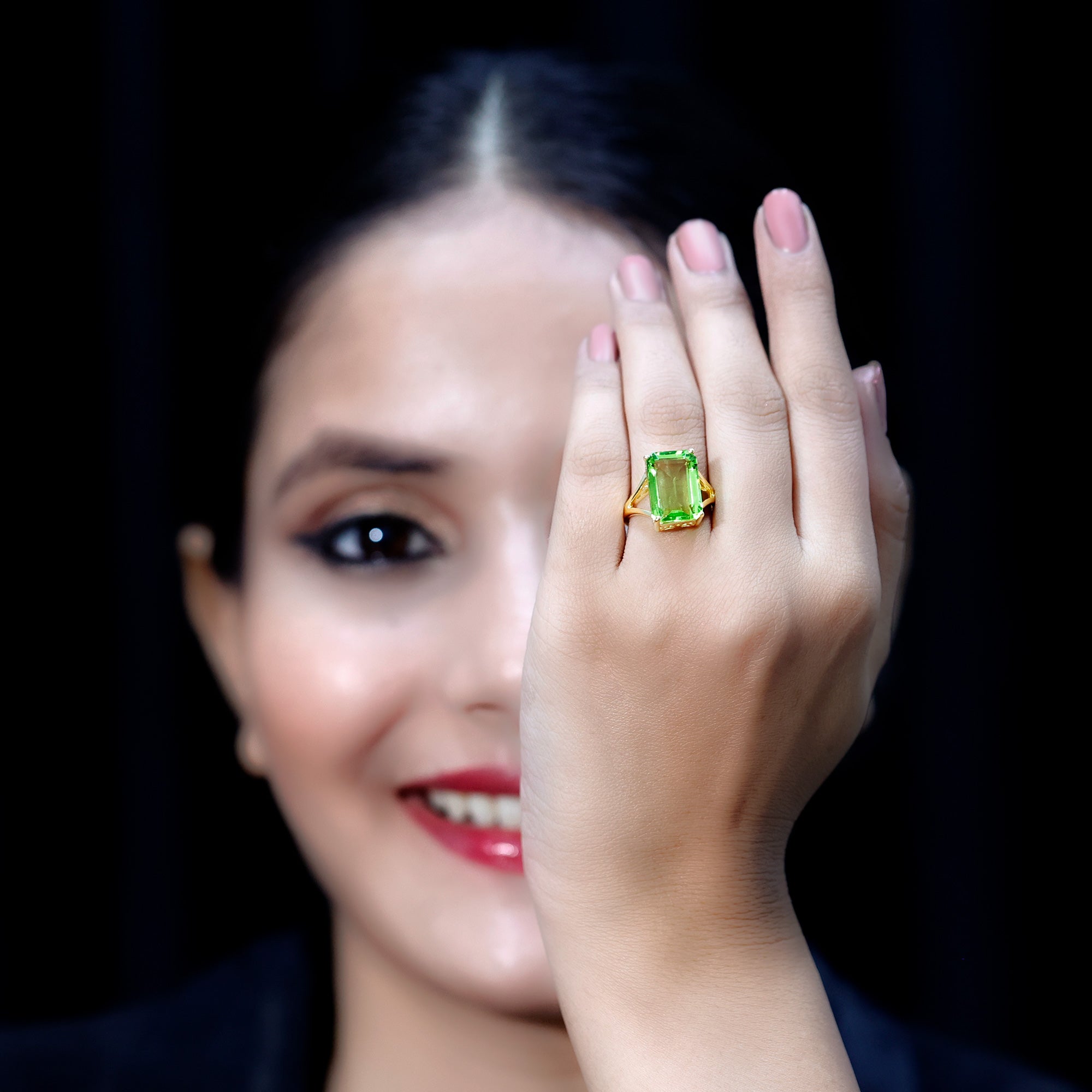 8 Carat Lab Created Peridot Emerald Cut Engagement Ring with Split Shank AAAA 14K Yellow Gold Plated Silver - Rosec Jewels