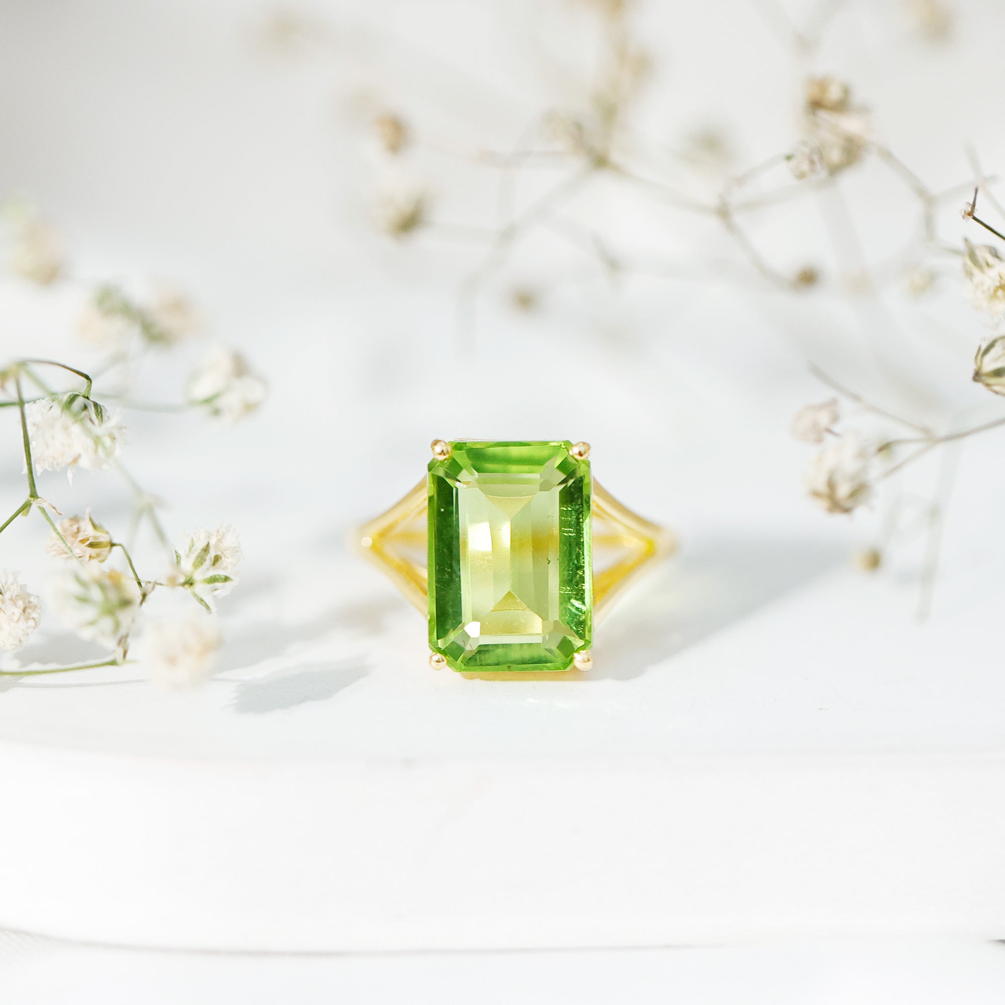 8 Carat Lab Created Peridot Emerald Cut Engagement Ring with Split Shank AAAA 14K Yellow Gold Plated Silver - Rosec Jewels