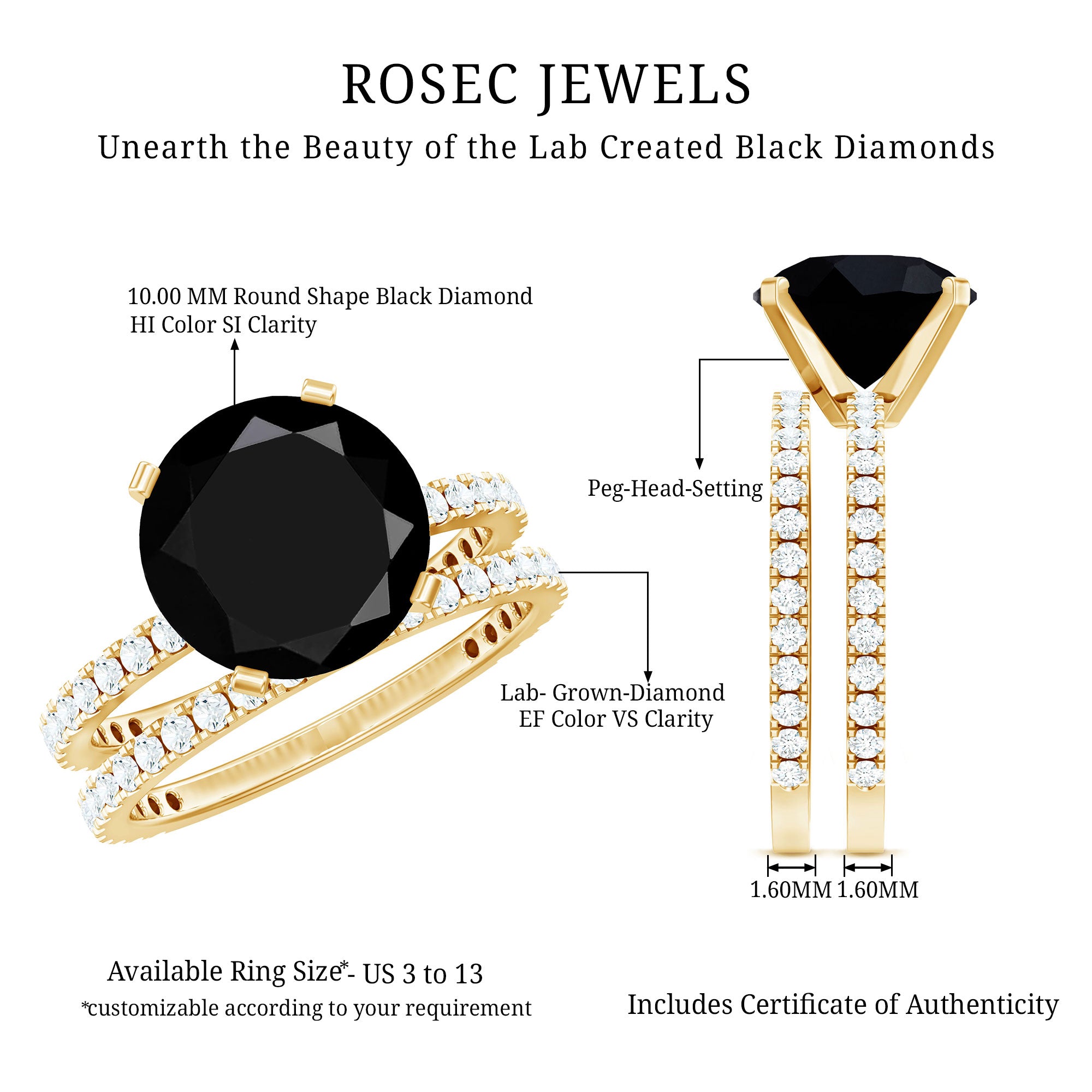 Certified 4.5 Carat Lab Grown Black and White Diamond Wedding Ring Set in Gold Plated Silver AAAA ( Synthetic ) 14K Yellow Gold Plated Silver - Rosec Jewels