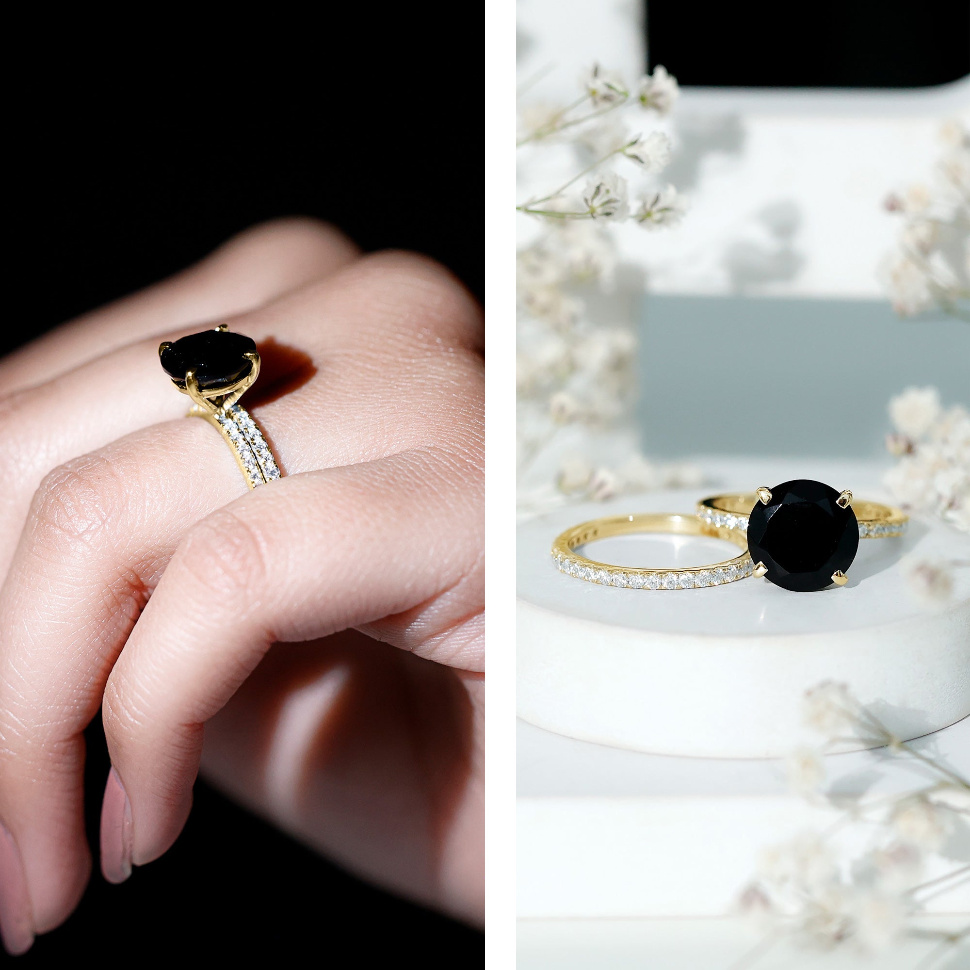 Certified 4.5 Carat Lab Grown Black and White Diamond Wedding Ring Set in Gold Plated Silver AAAA ( Synthetic ) 14K Yellow Gold Plated Silver - Rosec Jewels