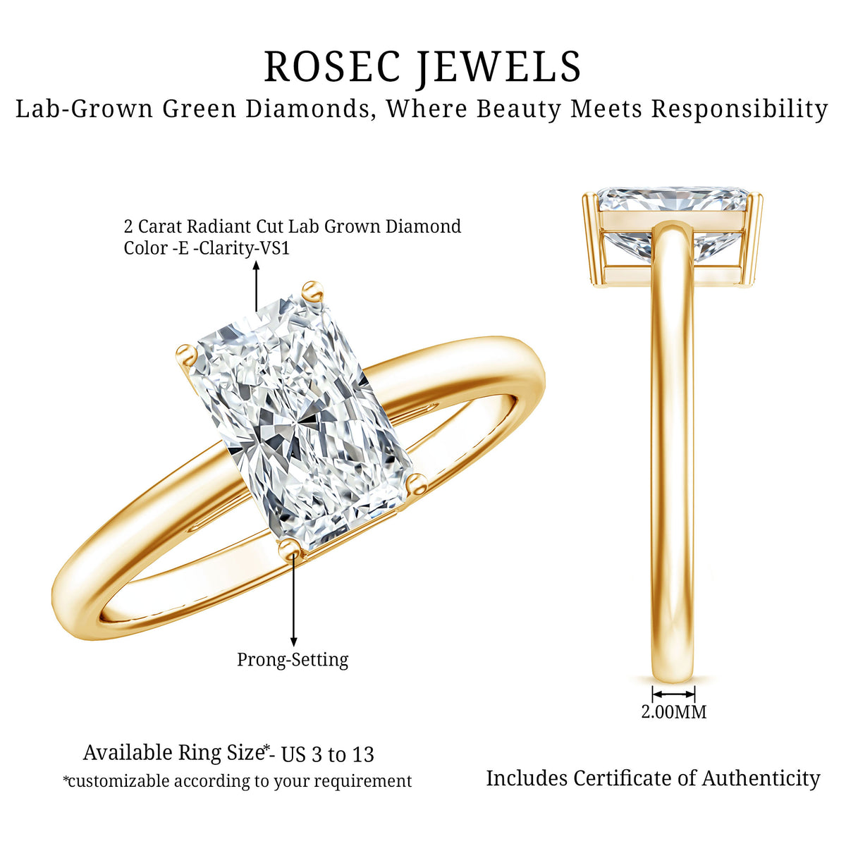 IGI Certified Solitaire Lab Grown Diamond Radiant Cut Engagement Ring 2 Carat Lab - ( E-VS1 ) - Rosec Jewels