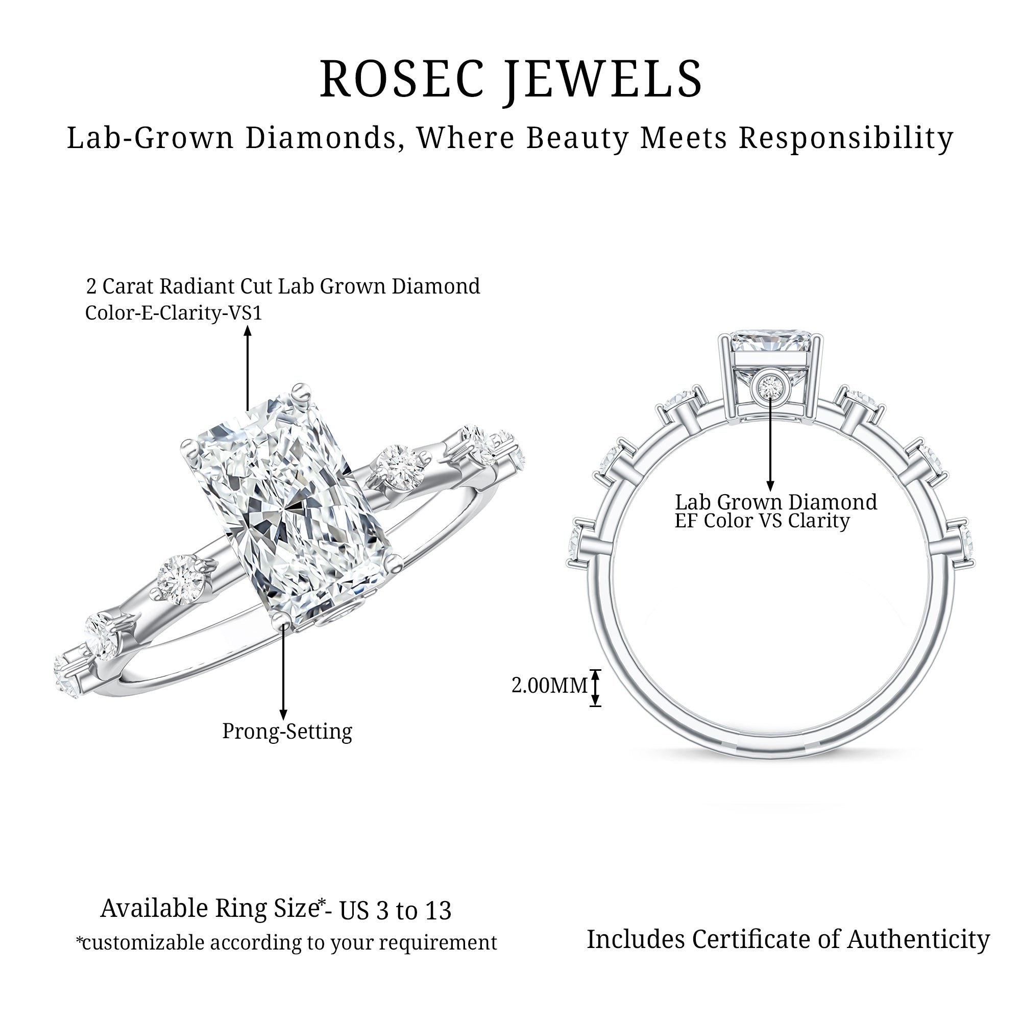 IGI Certified 2 Carat Radiant Cut Lab Grown Diamond Engagement Ring with Spaced Accent Lab - ( E-VS1 ) - Rosec Jewels