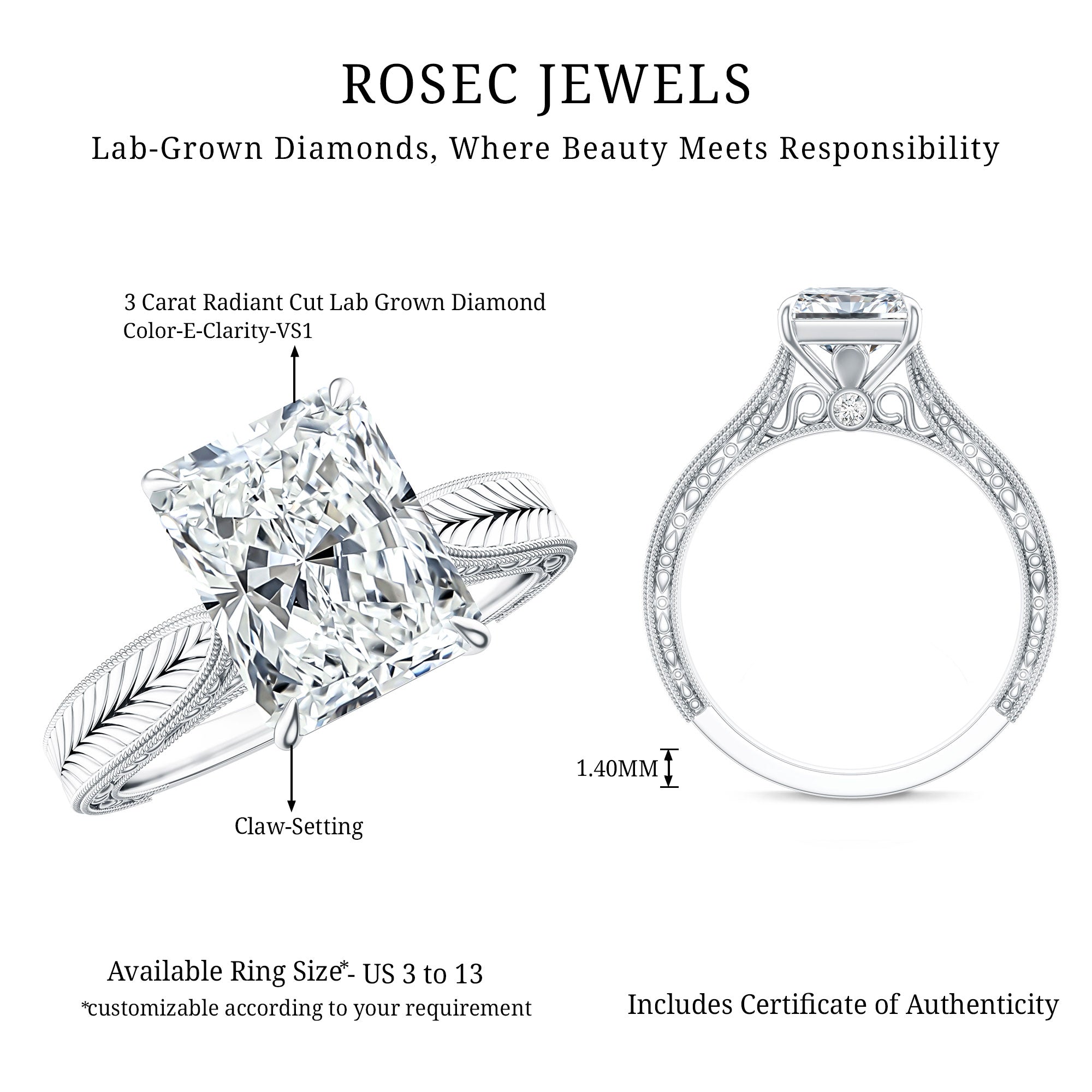Vintage Inspired 3 Carat Radiant Cut Lab Grown Diamond Engagement Ring IGI Certified Lab - ( E-VS1 ) - Rosec Jewels