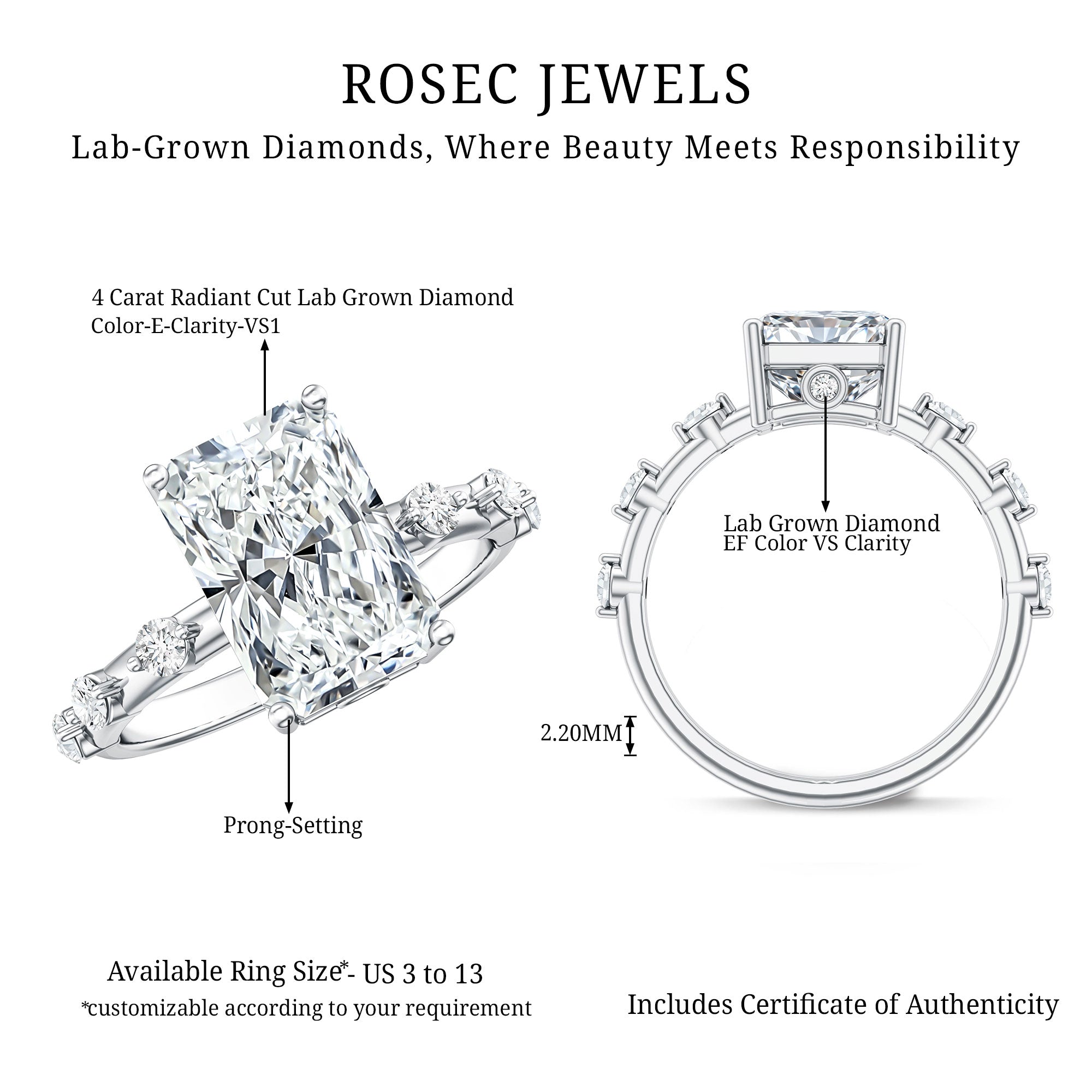 4 Carat Lab Grown Radiant Cut Diamond Solitaire Engagement Ring with IGI Certificate Lab - ( E-VS1 ) - Rosec Jewels