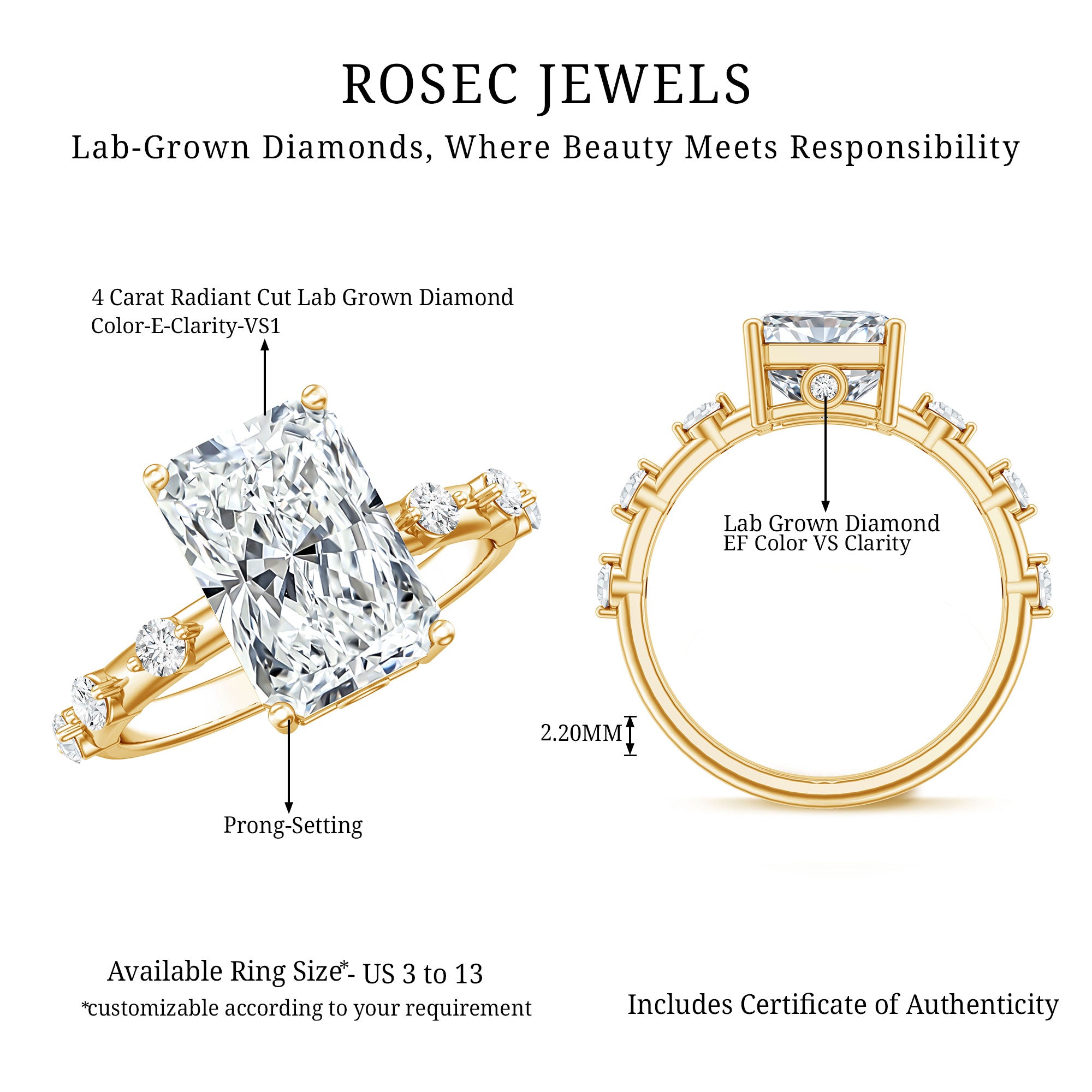 4 Carat Lab Grown Radiant Cut Diamond Solitaire Engagement Ring with IGI Certificate Lab - ( E-VS1 ) - Rosec Jewels