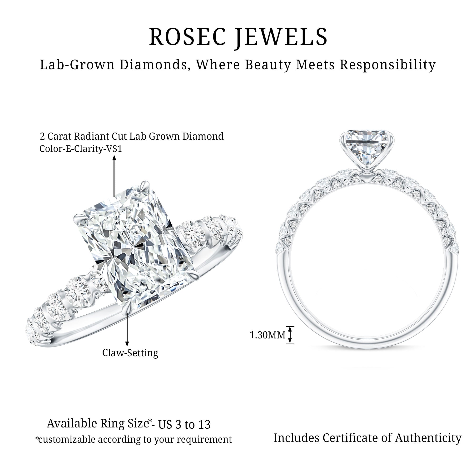 Lab Grown 2 Carat Diamond Radiant Cut Side Stone Engagement Ring IGI Certified Lab - ( E-VS1 ) - Rosec Jewels