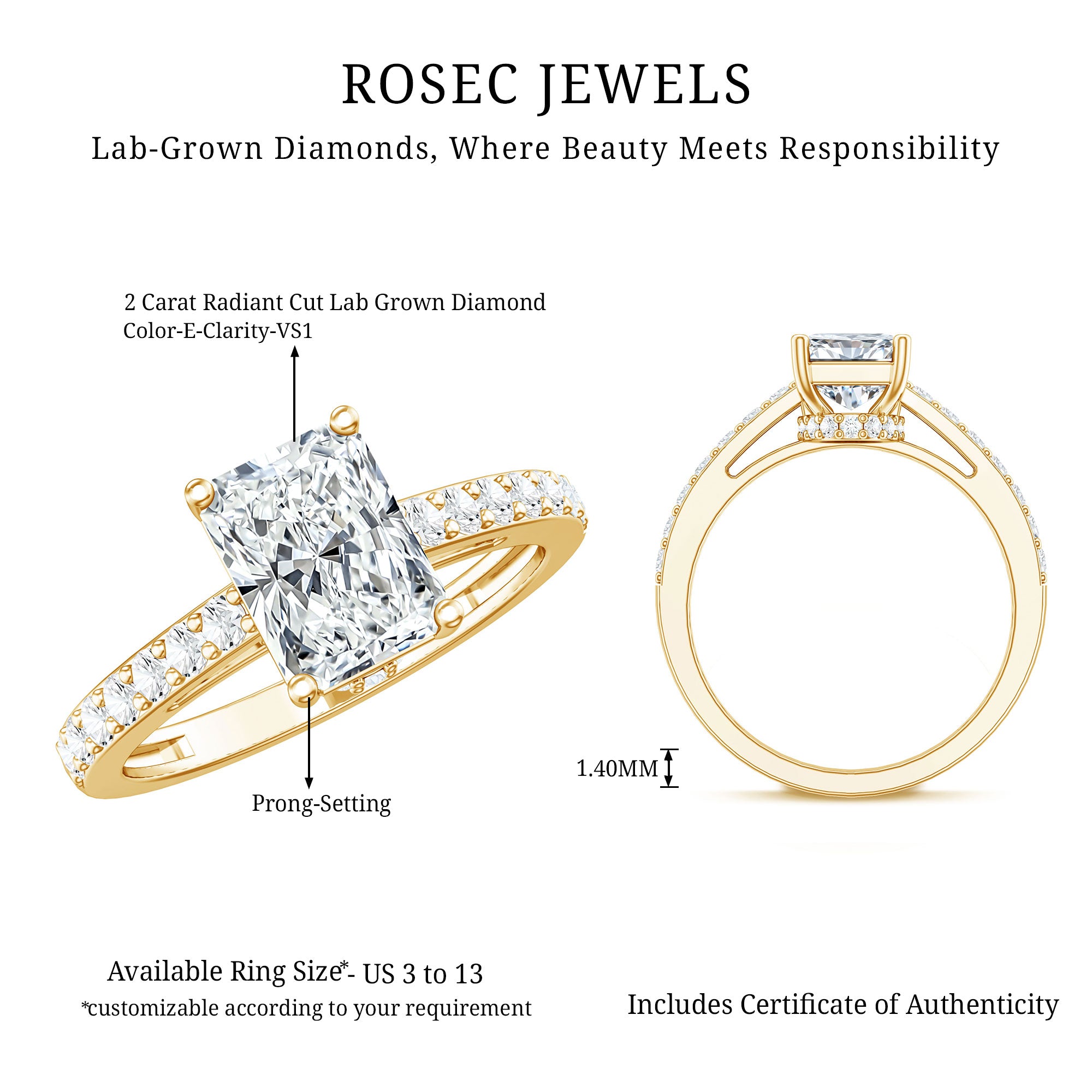 IGI Certified Radiant Cut Lab Grown Diamond Hidden Halo Engagement Ring 2 Carat Lab - ( E-VS1 ) - Rosec Jewels