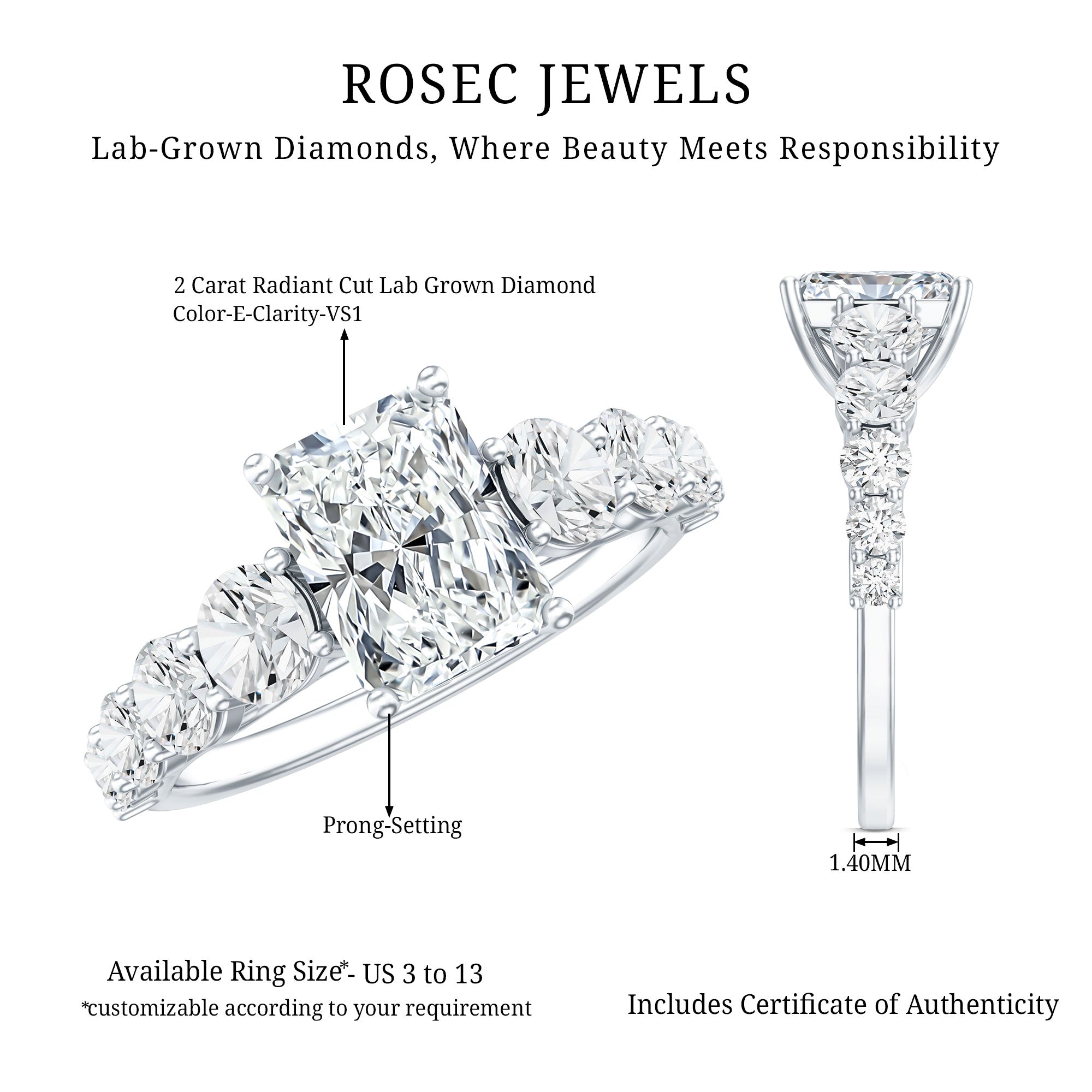 2 Carat IGI Certified Lab Diamond Radiant Cut Engagement Ring with Side Stones Lab - ( E-VS1 ) - Rosec Jewels