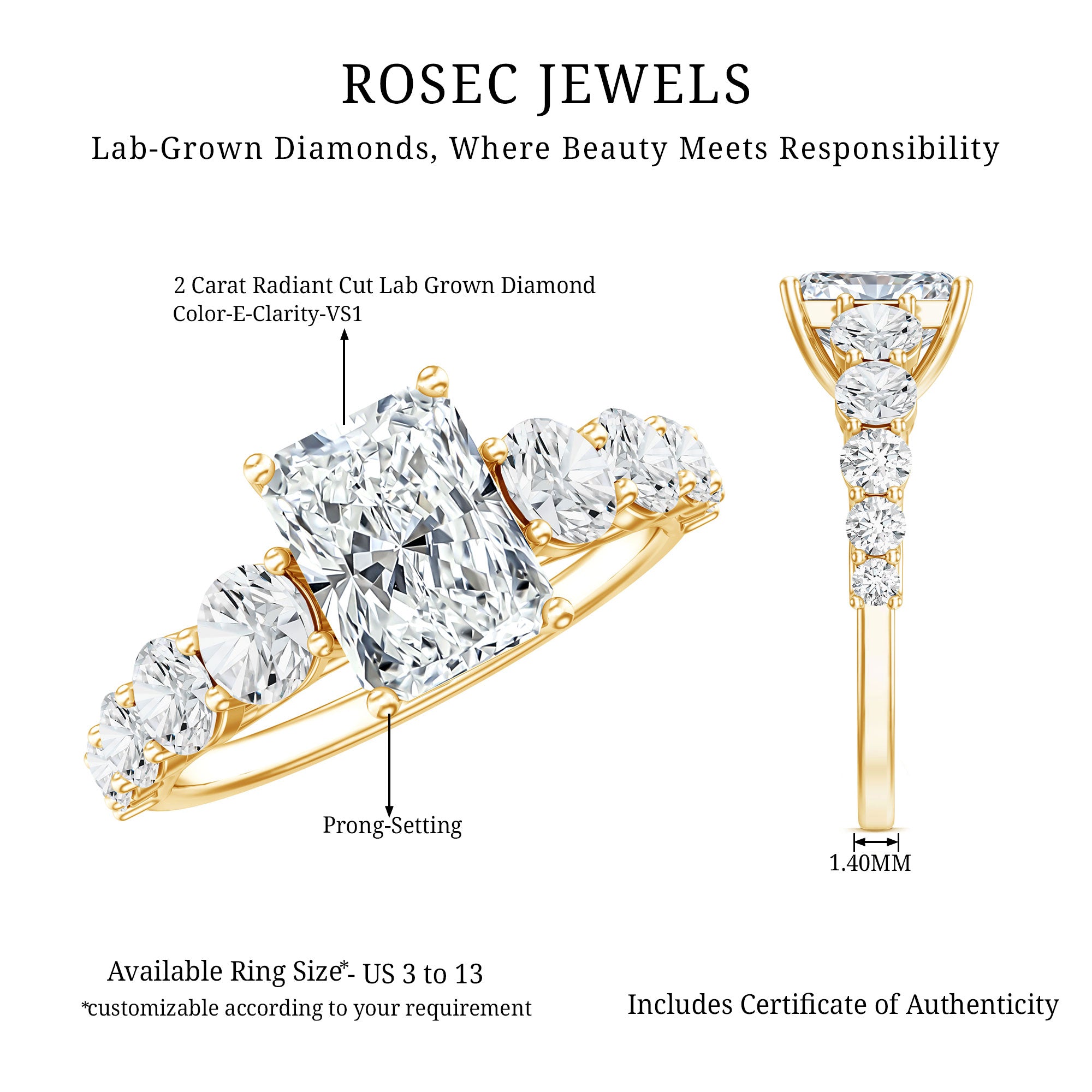 2 Carat IGI Certified Lab Diamond Radiant Cut Engagement Ring with Side Stones Lab - ( E-VS1 ) - Rosec Jewels