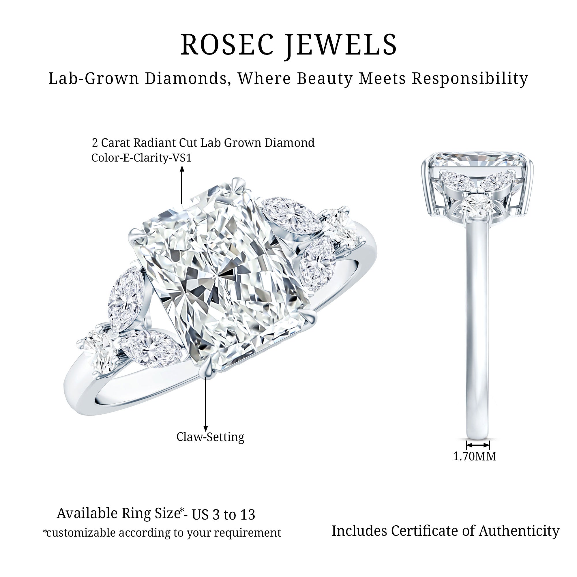 IGI Certified 2 Carat Lab Grown Diamond Engagement Ring with Radiant Cut Lab - ( E-VS1 ) - Rosec Jewels