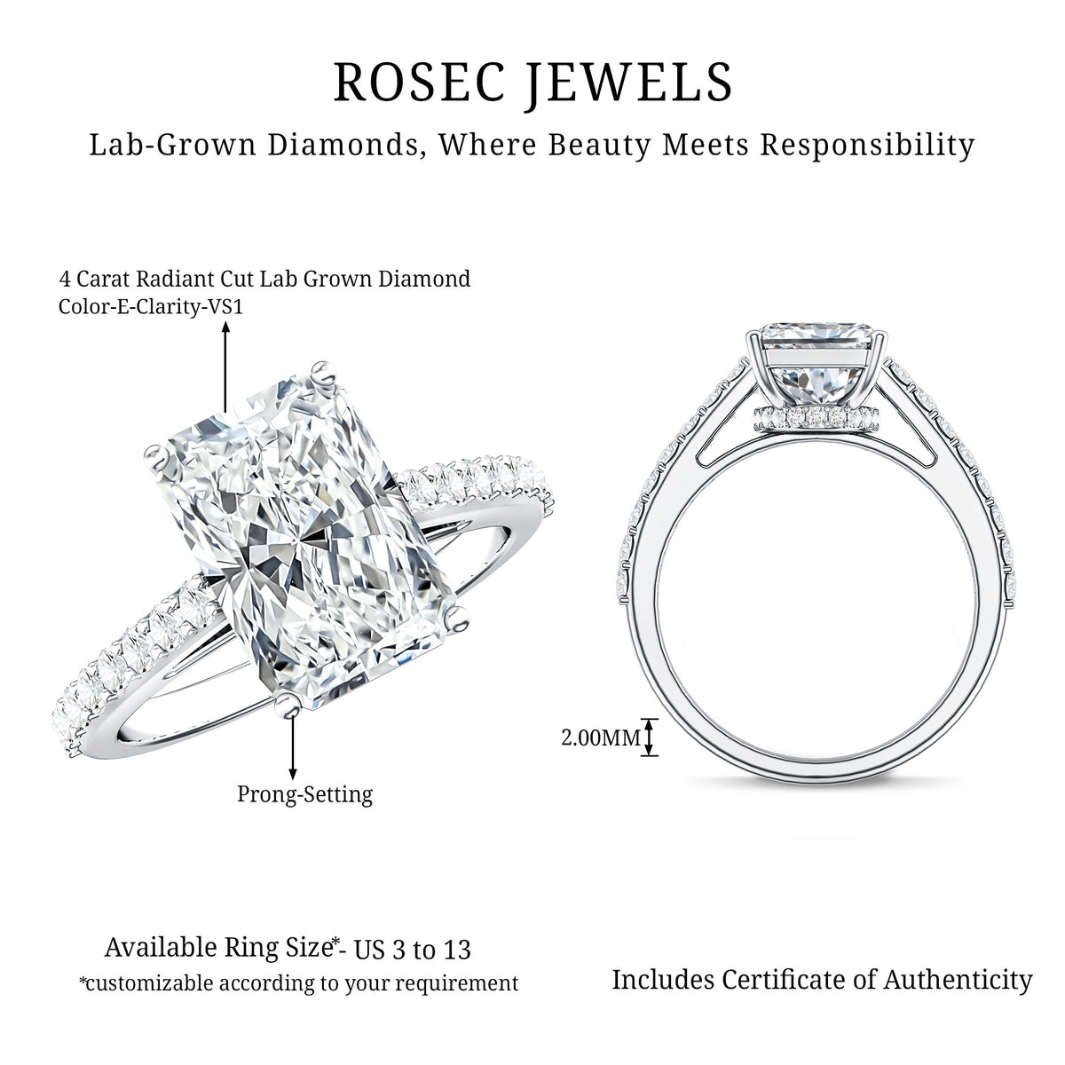IGI Certified Radiant Cut 4 Carat Lab Grown Diamond Solitaire Engagement Ring with Hidden Halo Lab - ( E-VS1 ) - Rosec Jewels