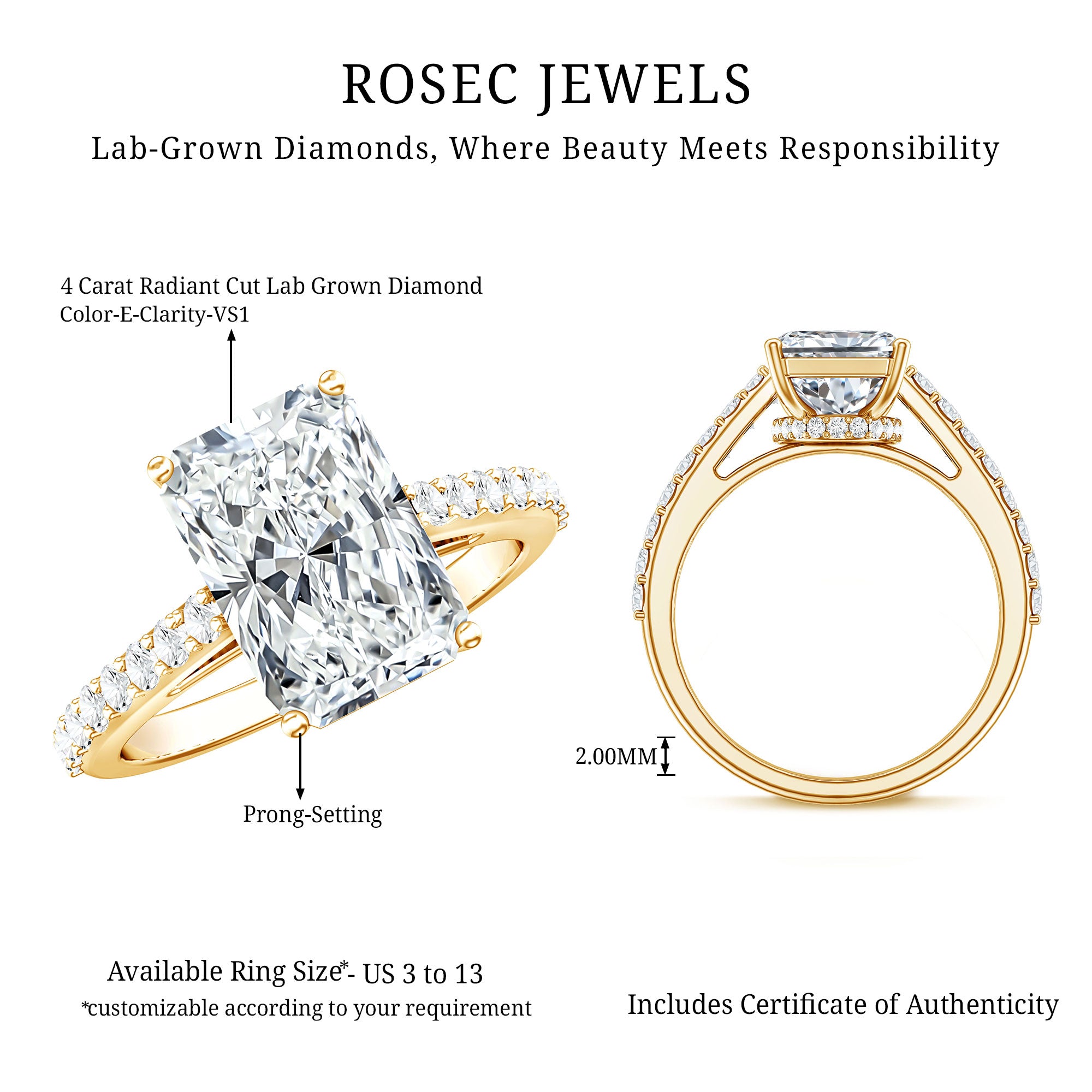 IGI Certified Radiant Cut 4 Carat Lab Grown Diamond Solitaire Engagement Ring with Hidden Halo Lab - ( E-VS1 ) - Rosec Jewels