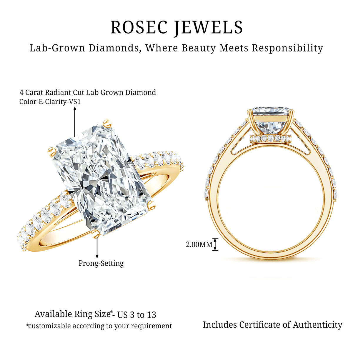 IGI Certified Radiant Cut 4 Carat Lab Grown Diamond Solitaire Engagement Ring with Hidden Halo Lab - ( E-VS1 ) - Rosec Jewels