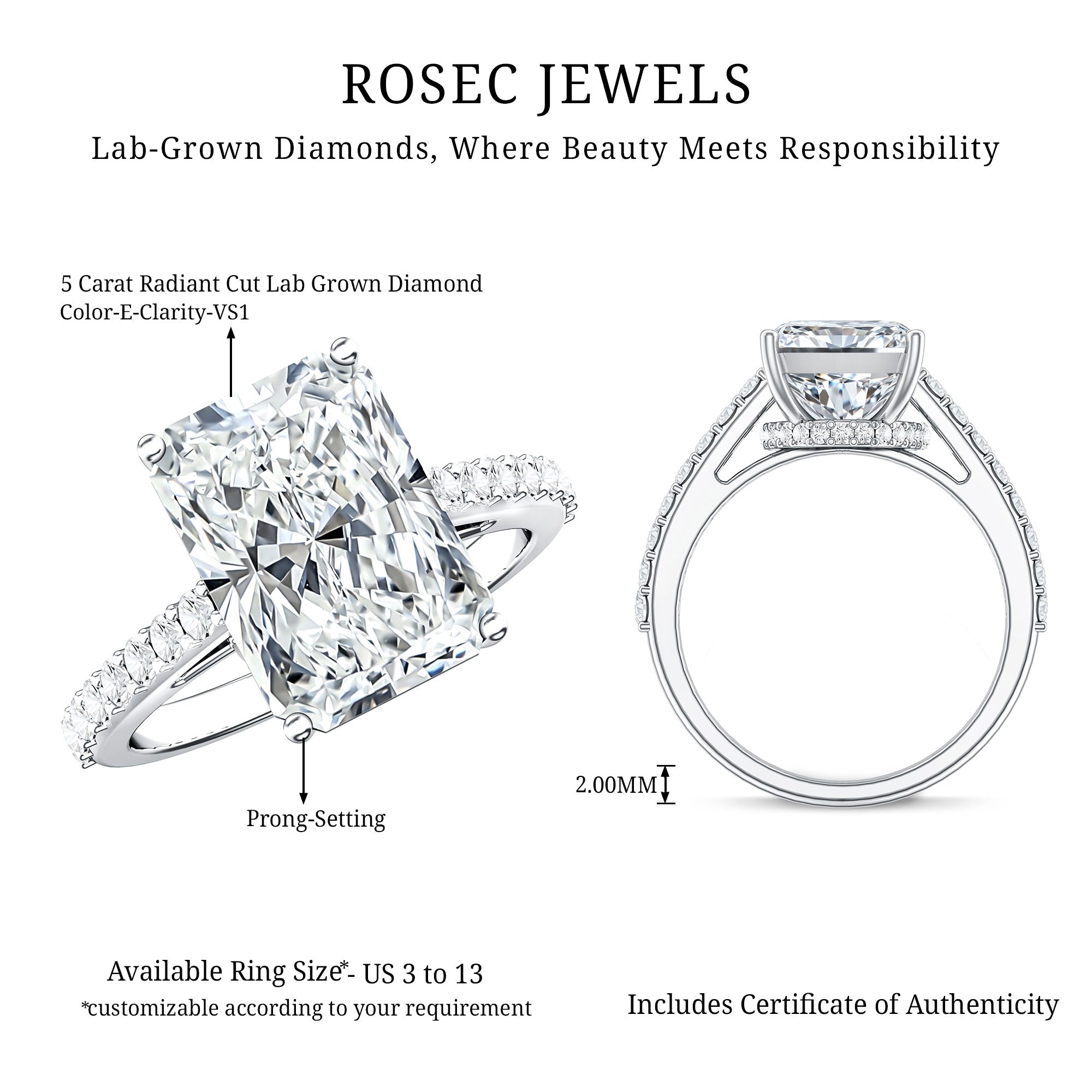 IGI Certified 5 Carat Lab Grown Diamond Solitaire Radiant Cut Engagement Ring Lab - ( E-VS1 ) - Rosec Jewels