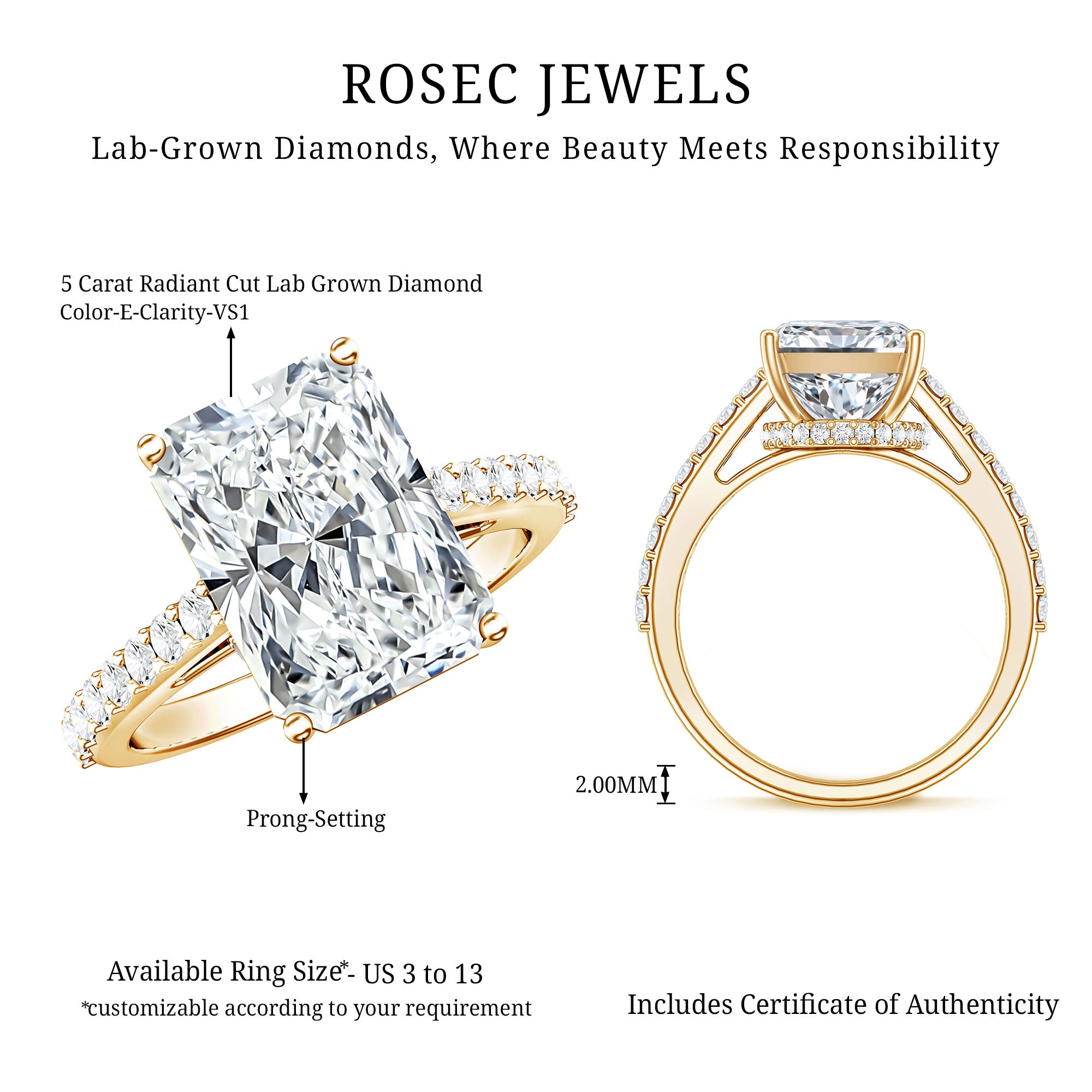 IGI Certified 5 Carat Lab Grown Diamond Solitaire Radiant Cut Engagement Ring Lab - ( E-VS1 ) - Rosec Jewels