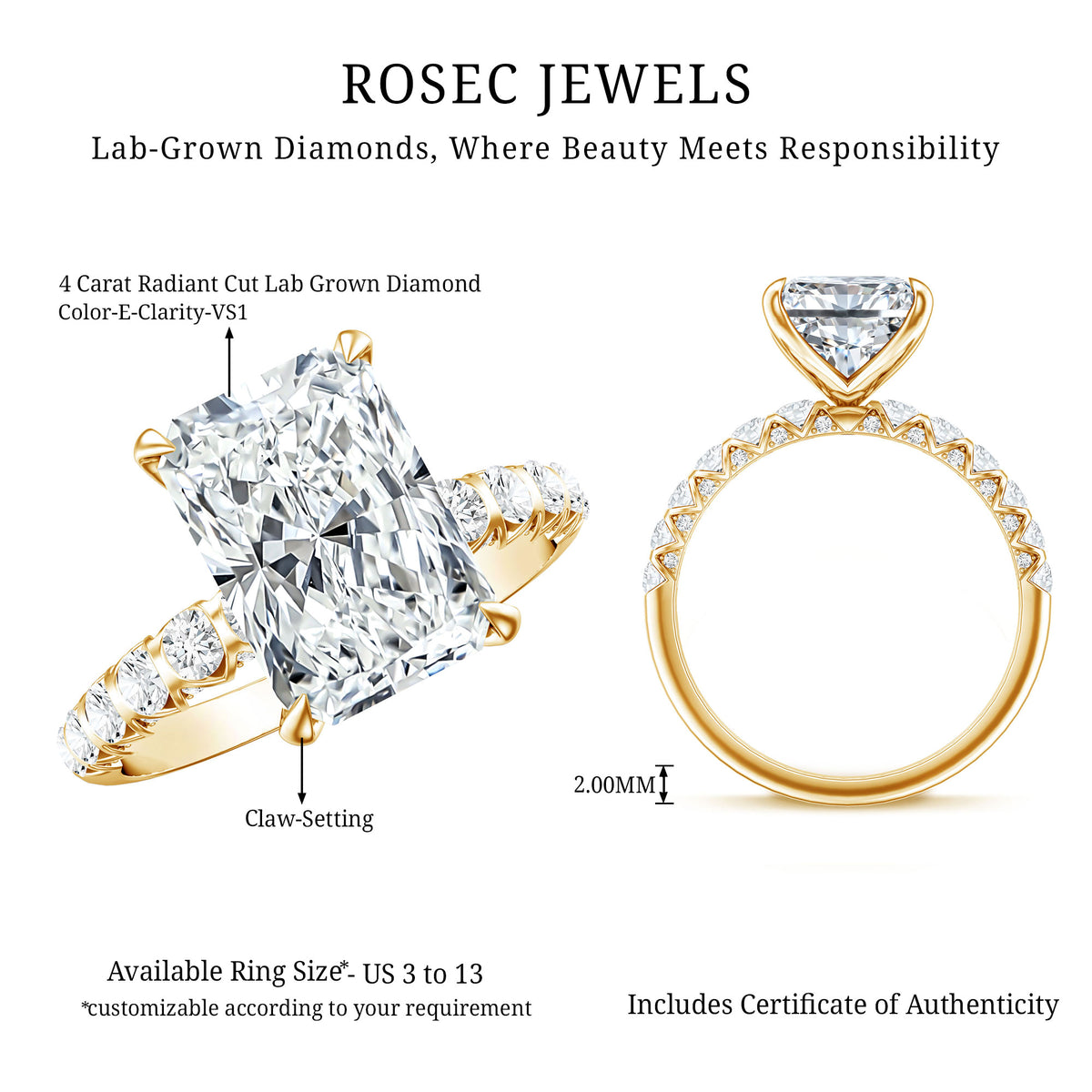 4 Carat Radiant Cut Lab Grown Diamond Side Stone Engagement Ring IGI Certified Lab - ( E-VS1 ) - Rosec Jewels