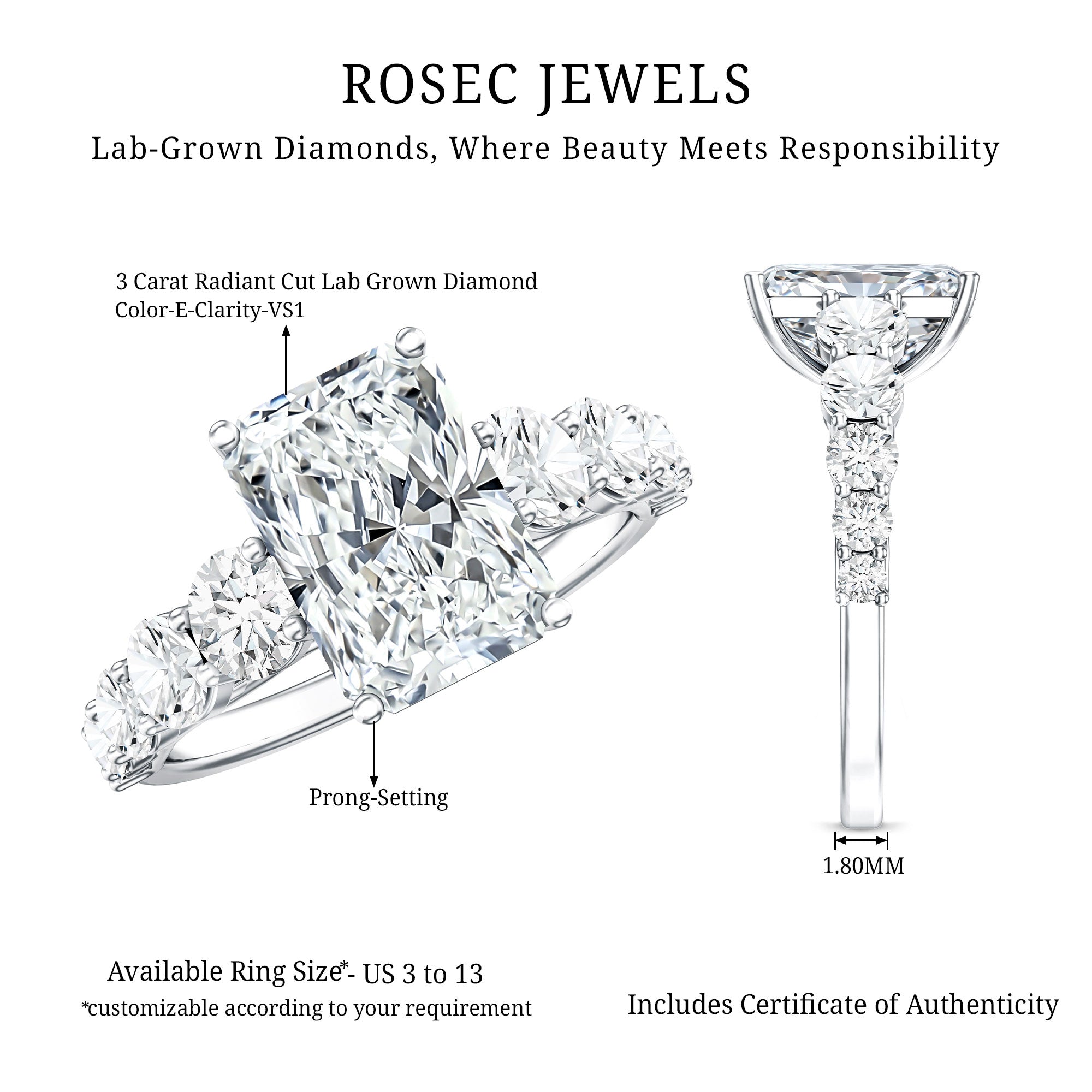 IGI Certified 3 Carat Radiant Cut Lab Grown Diamond Side Stone Engagement Ring Lab - ( E-VS1 ) - Rosec Jewels