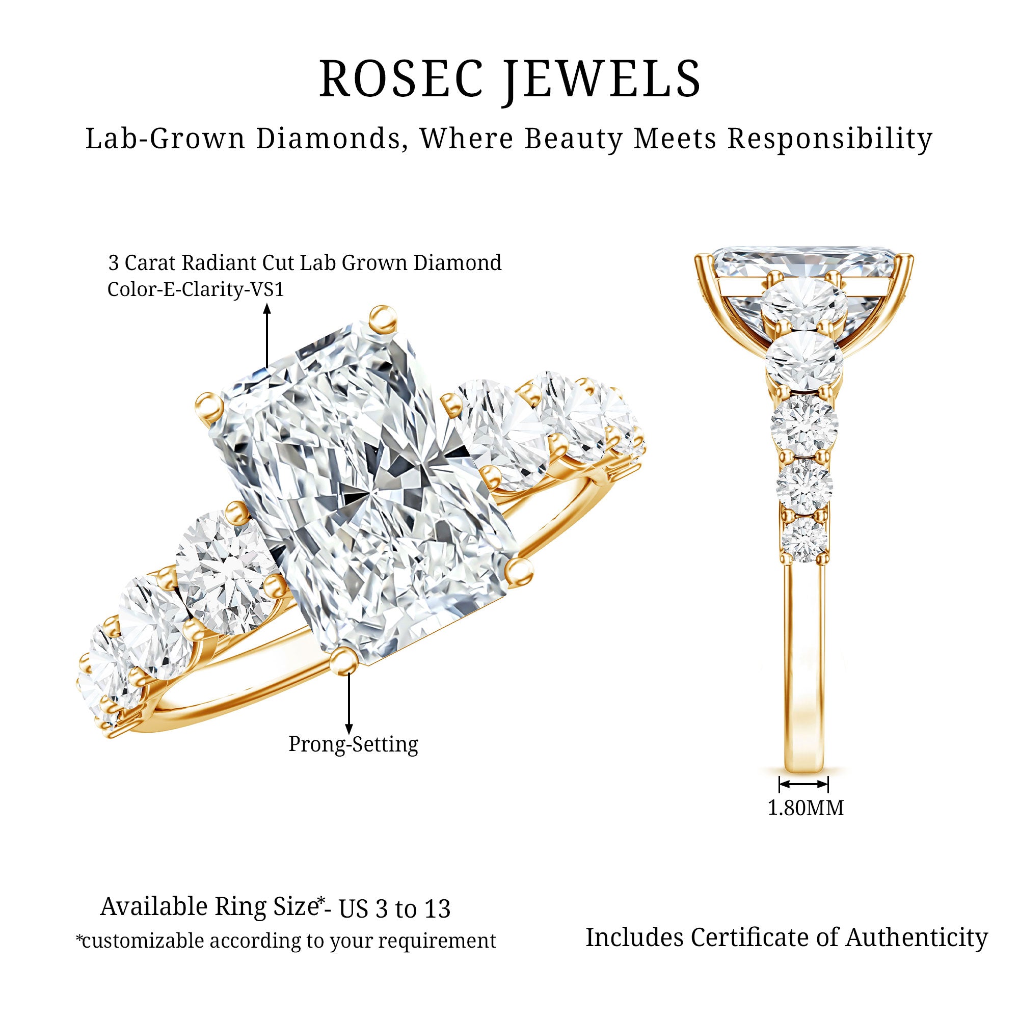 IGI Certified 3 Carat Radiant Cut Lab Grown Diamond Side Stone Engagement Ring Lab - ( E-VS1 ) - Rosec Jewels