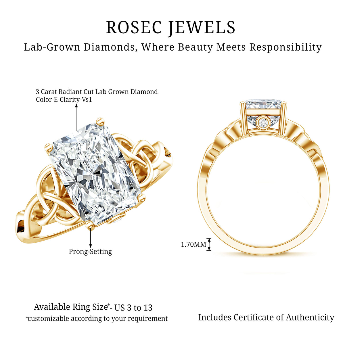 IGI Certified 3 Carat Radiant Cut Lab Diamond Knot Engagement Ring Lab - ( E-VS1 ) - Rosec Jewels