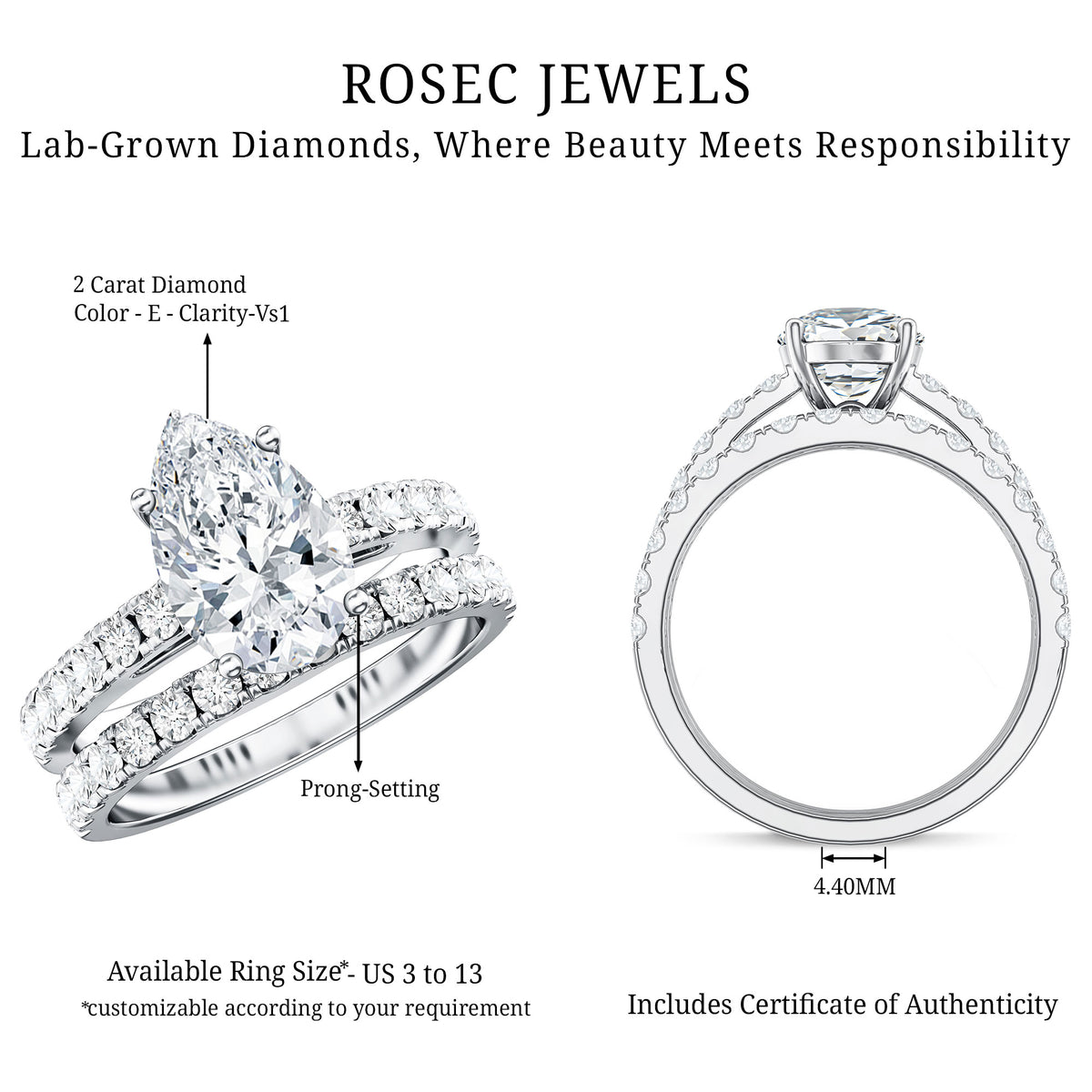IGI Certified Lab Grown 2 Carat Diamond Pear Shaped Engagement Ring with Wedding Band Lab - ( E-VS1 ) - Rosec Jewels