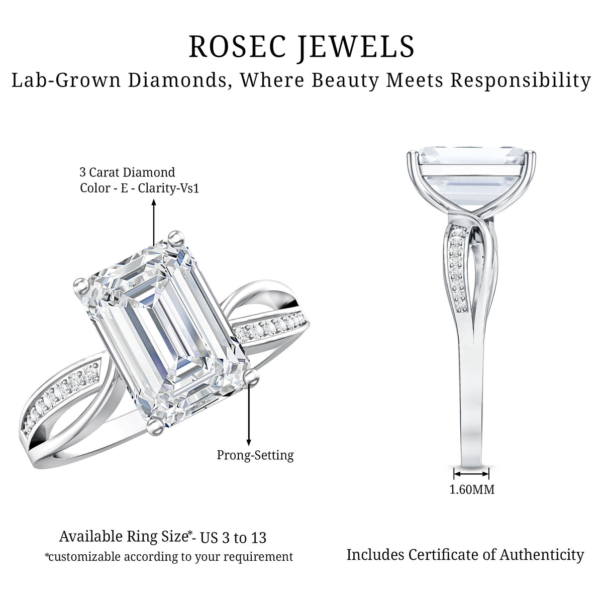3 Carat Emerald Cut Lab Grown Diamond Infinity Engagement Ring IGI Certified Lab - ( E-VS1 ) - Rosec Jewels
