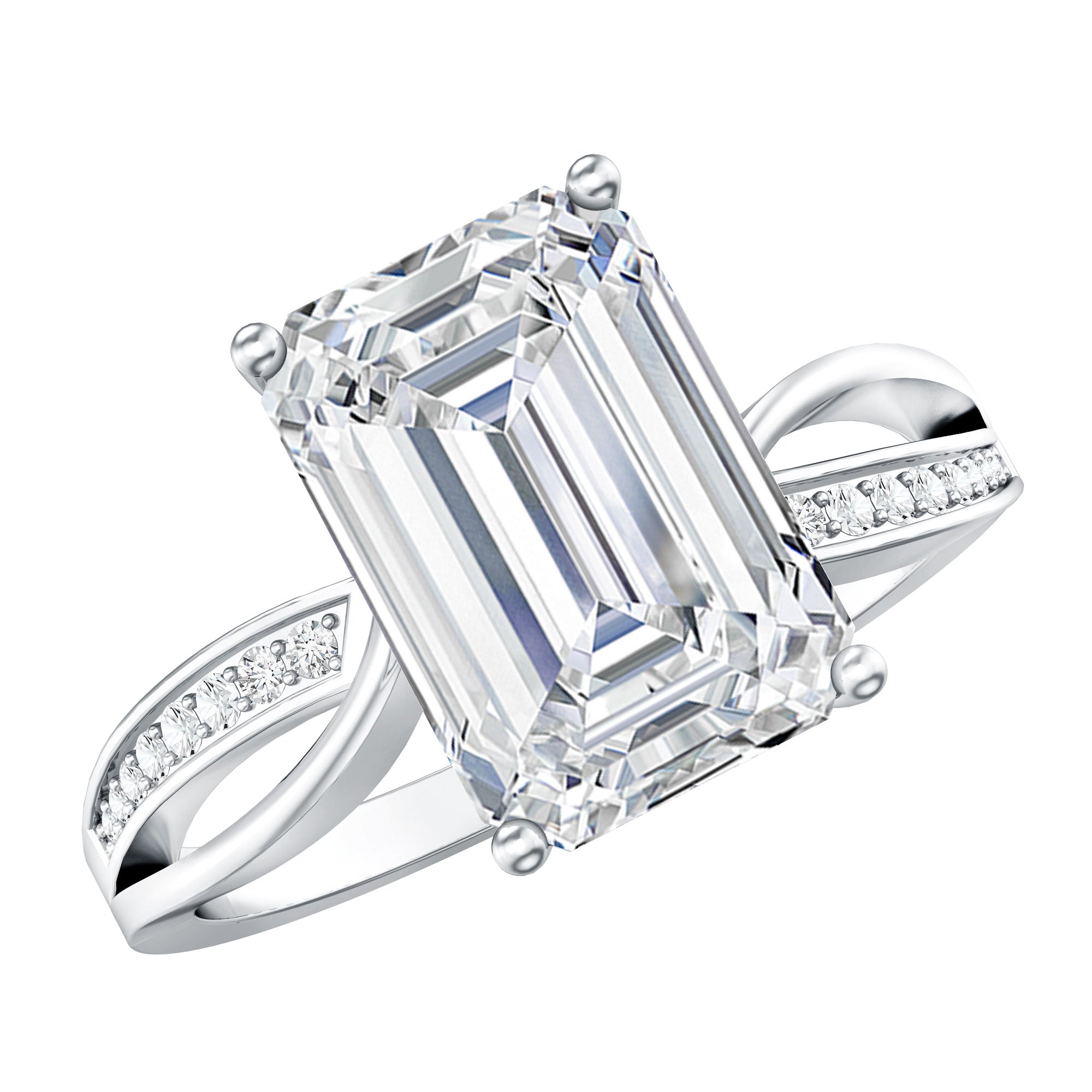 IGI Certified 4 Carat Lab Grown Diamond Emerald Cut Engagement Ring with Crossover Shank Lab - ( E-VS1 ) - Rosec Jewels