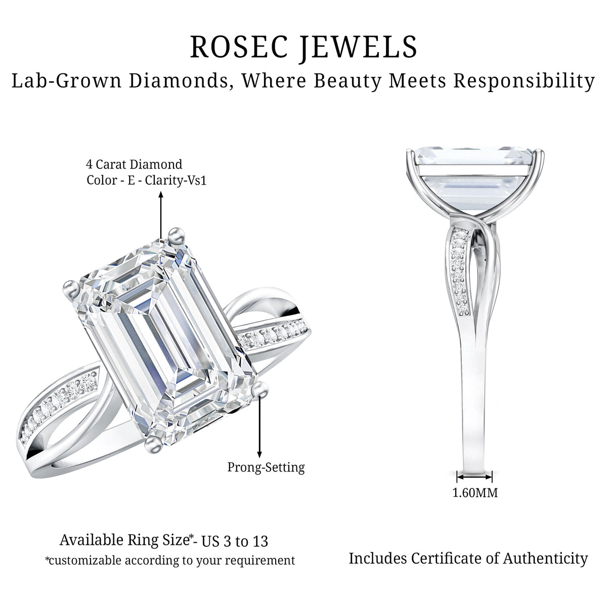 IGI Certified 4 Carat Lab Grown Diamond Emerald Cut Engagement Ring with Crossover Shank Lab - ( E-VS1 ) - Rosec Jewels