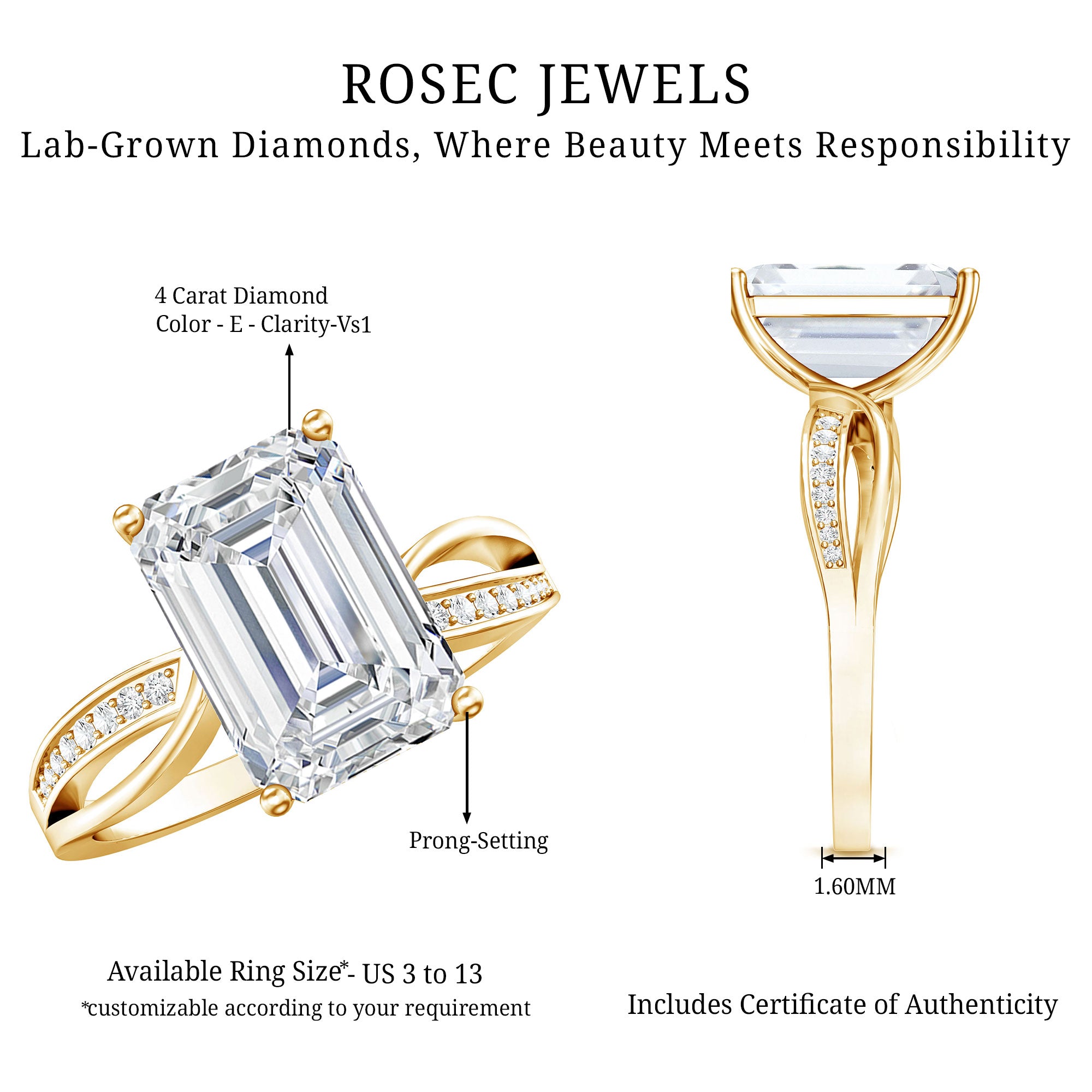 IGI Certified 4 Carat Lab Grown Diamond Emerald Cut Engagement Ring with Crossover Shank Lab - ( E-VS1 ) - Rosec Jewels