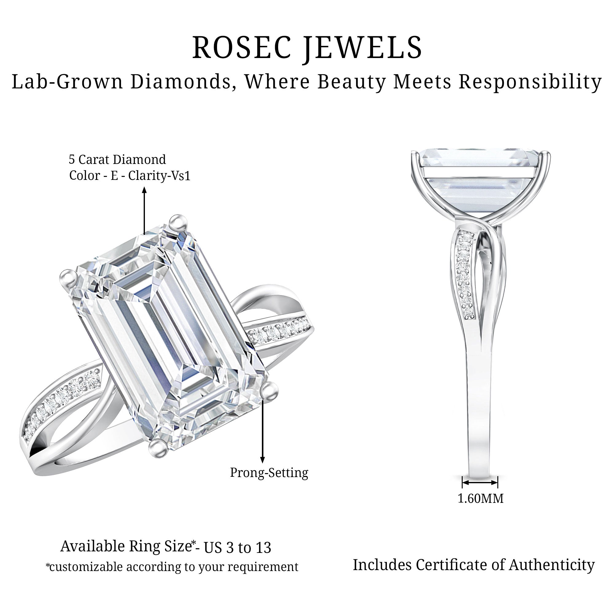 Huge 5 Carat Emerald Cut Lab Grown Diamond Infinity Band Engagement Ring with IGI Certificate Lab - ( E-VS1 ) - Rosec Jewels
